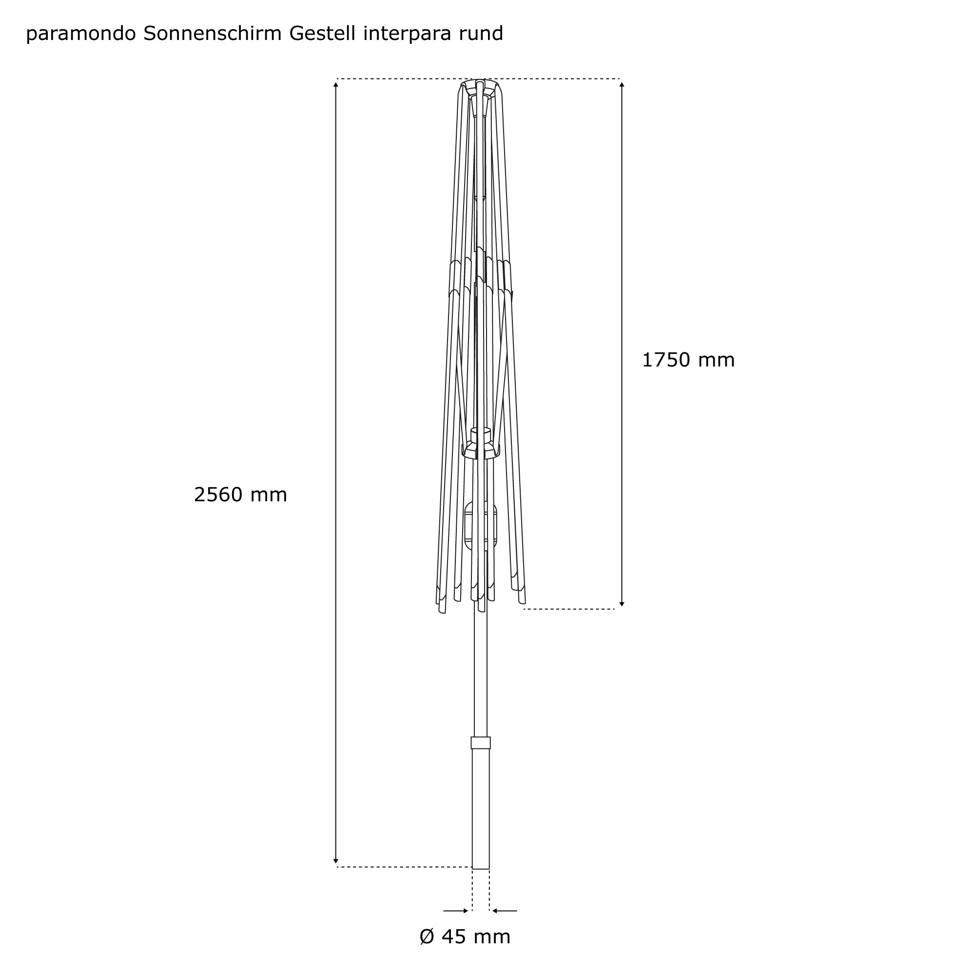 Skizze eines Sonnenschirmgestells für interpara Sonnenschirm mit Maßen und Aufbauansicht