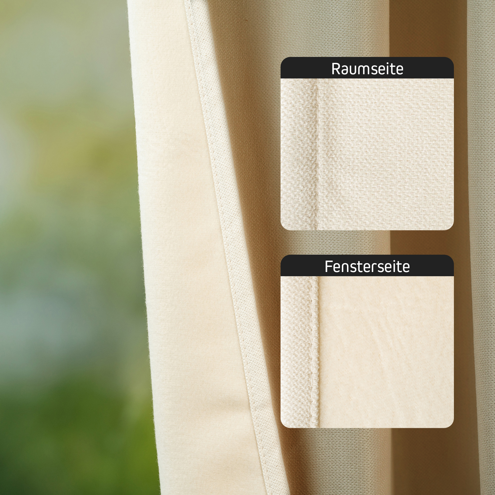 Thermo-Vorhang mit Kombiband, zeigt Raum- und Fensterseite des Stoffes in Nahaufnahme