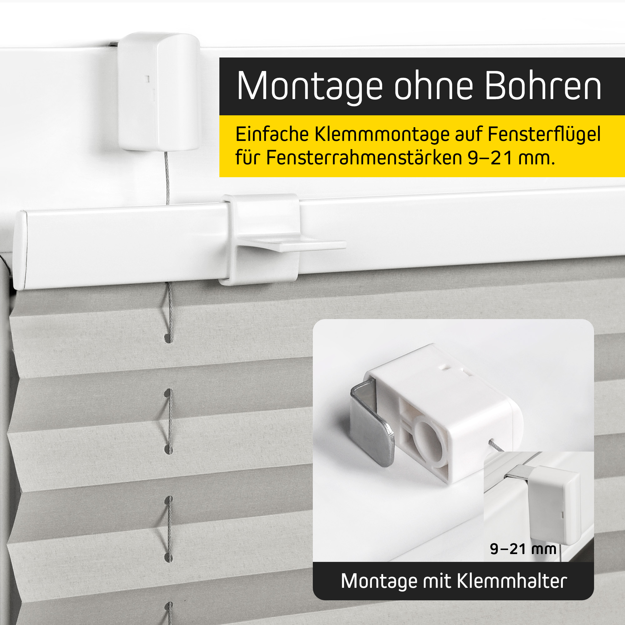 Plissee mit Klemmhalterung für einfache Montage ohne Bohren an Fensterflügeln