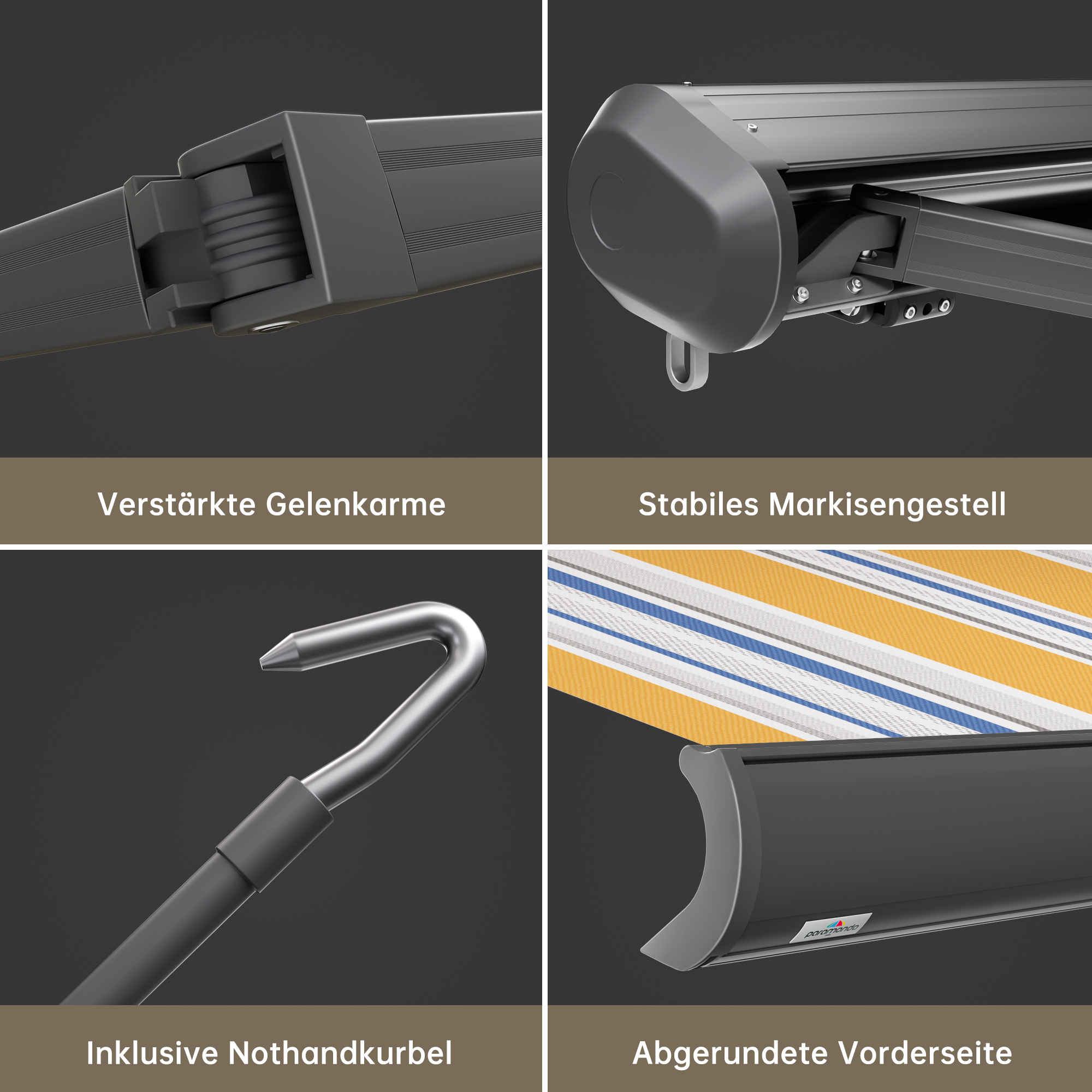 Kassettenmarkise Curve 2000 mit verstärkten Gelenkarmen und abgerundeter Vorderseite