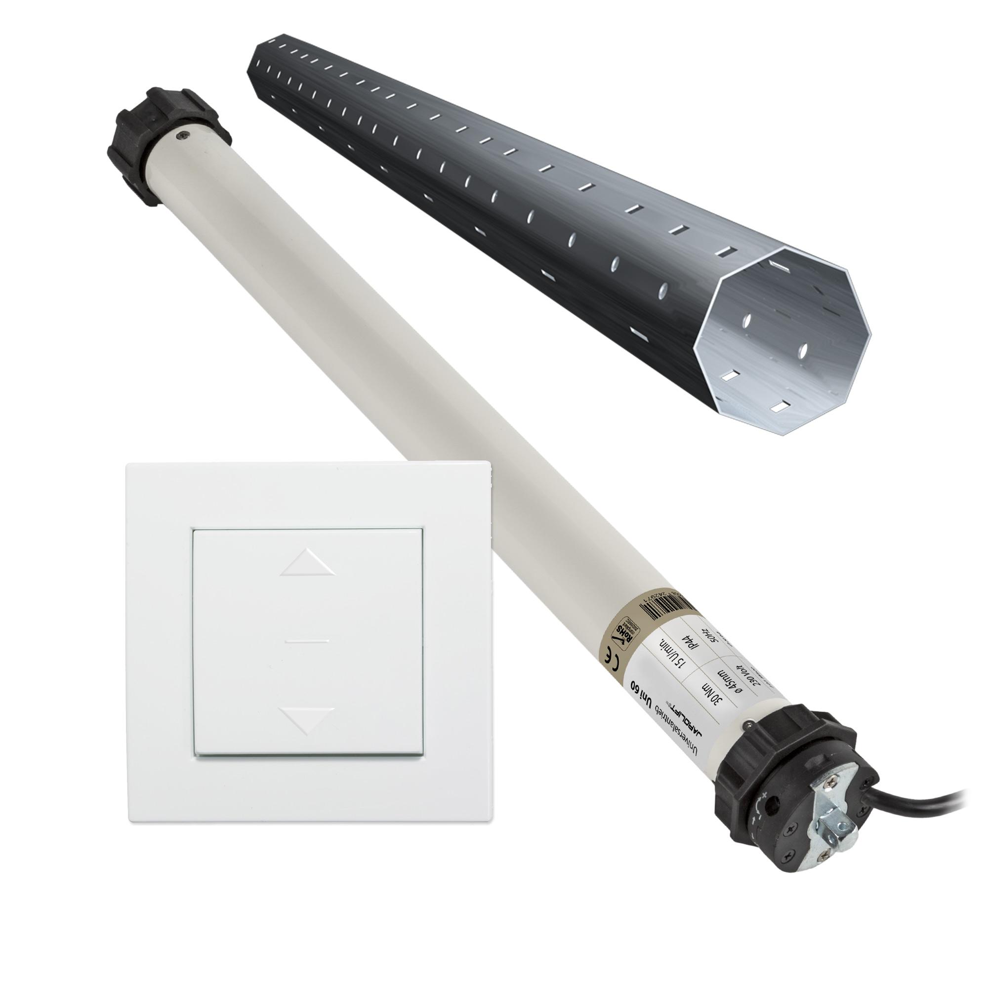 Rollladenmotor mit Steuerung und Kabel für automatisierte Rollladenbedienung