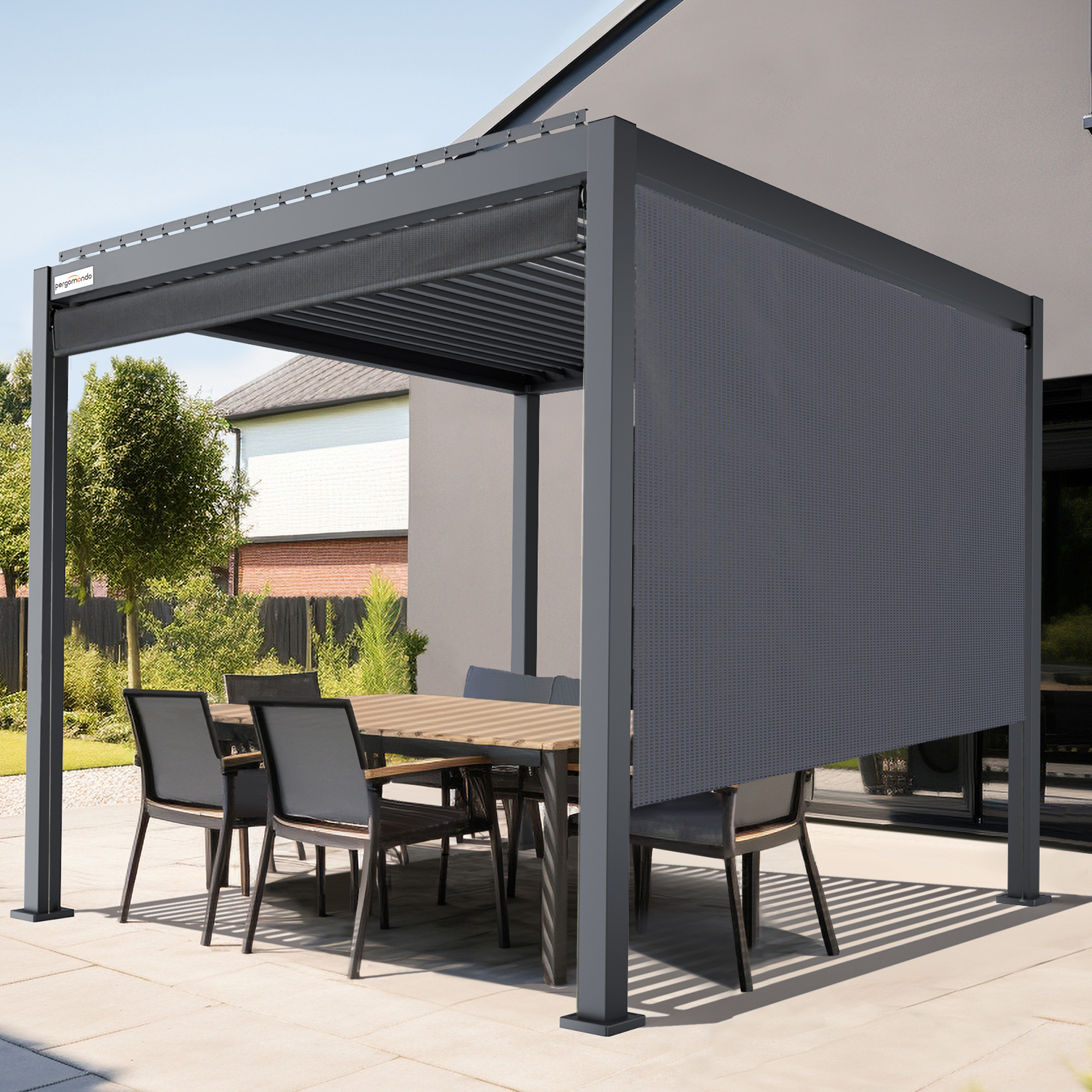Außenrollo für Pergola mit Lamellendach | 3 m, Kurbel, rechts, Screen, anthrazit/weiß