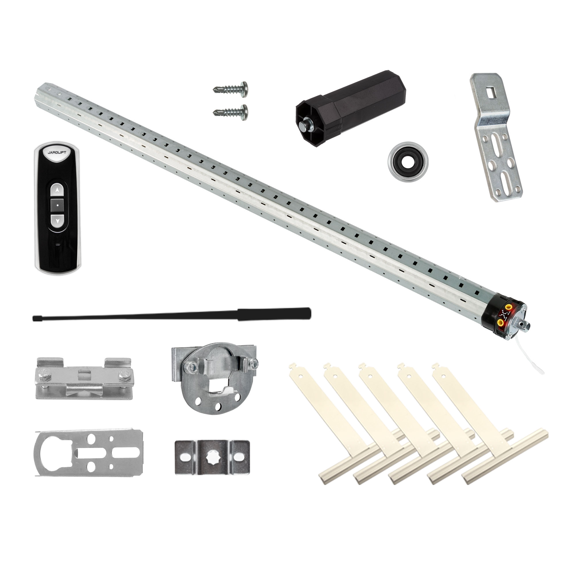 Set mit Universal-Motor und Fernbedienung, bestehend aus Stangen, Halterungen und Schrauben