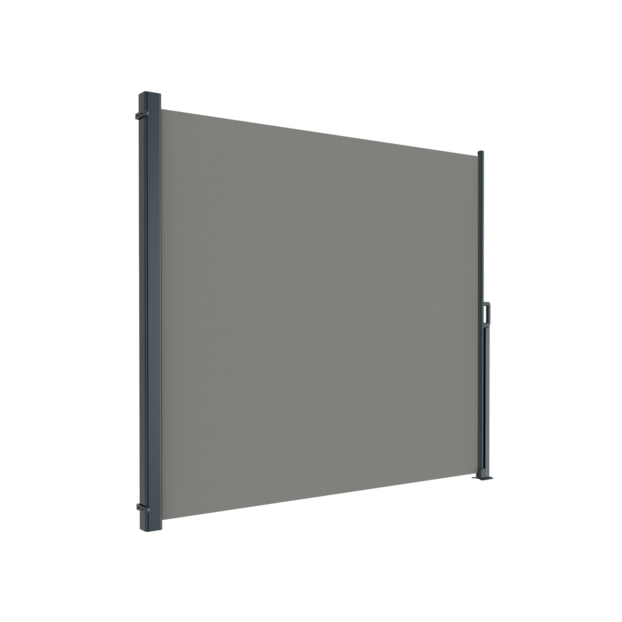 Seitenzugmarkise mit zwei vertikalen Halterungen und ausziehbarem Sichtschutzpanel