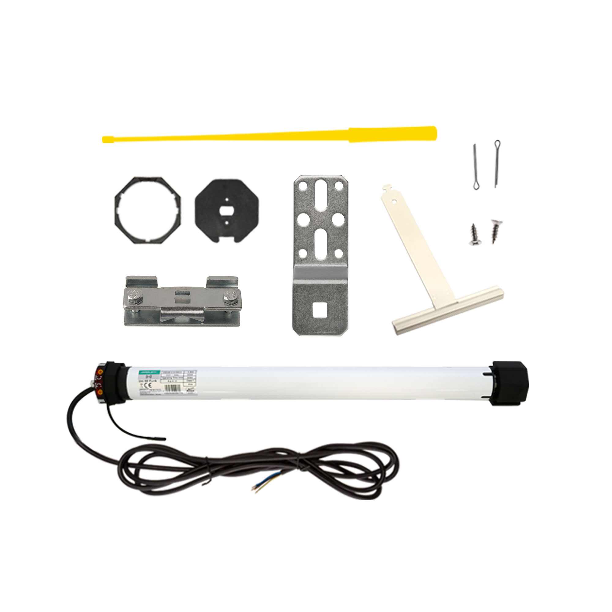 Teile eines Funk-Rollladenmotors mit Zubehör zur Montage und Steuerung