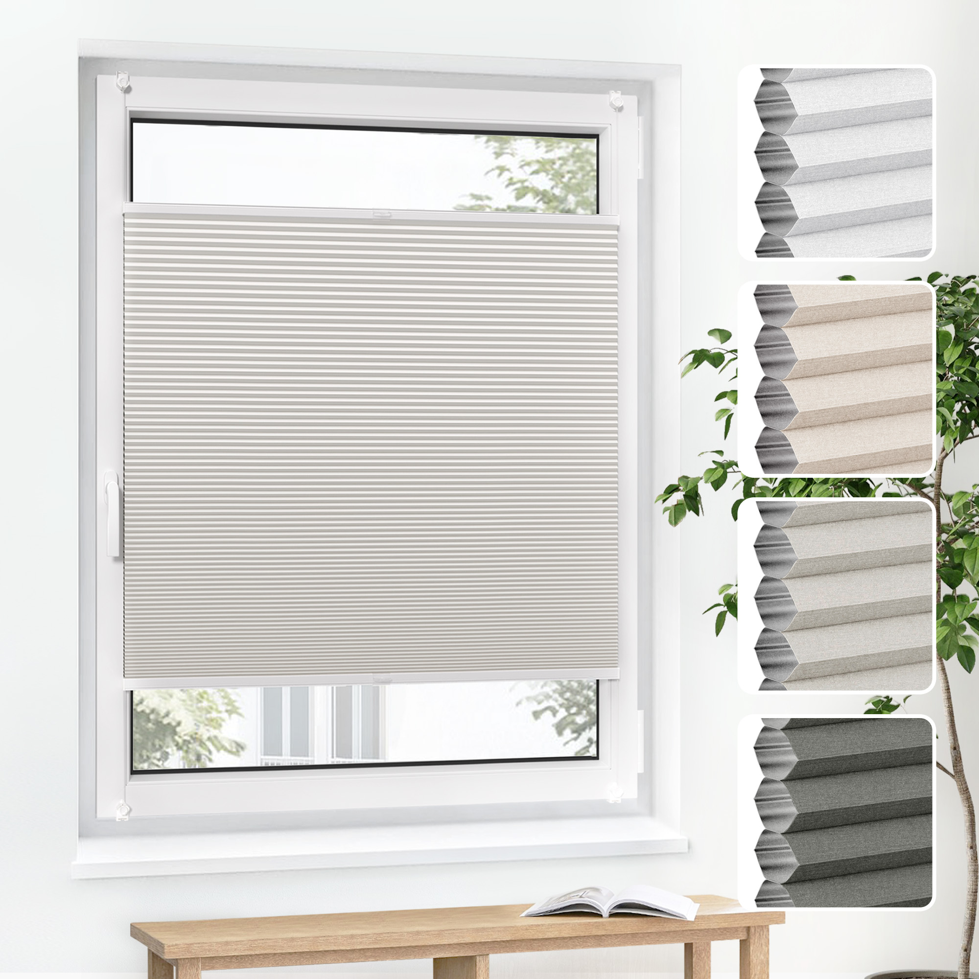 Wabenplissee am Fenster mit Detailansicht der Struktur und verschiedenen Materialoptionen