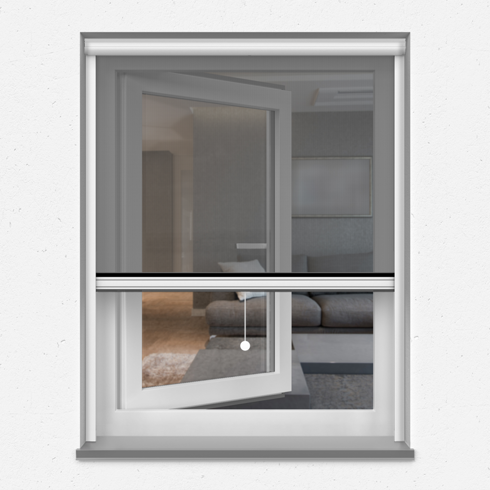 Insektenschutzrollo an einem geöffneten Fenster in einem Wohnraum