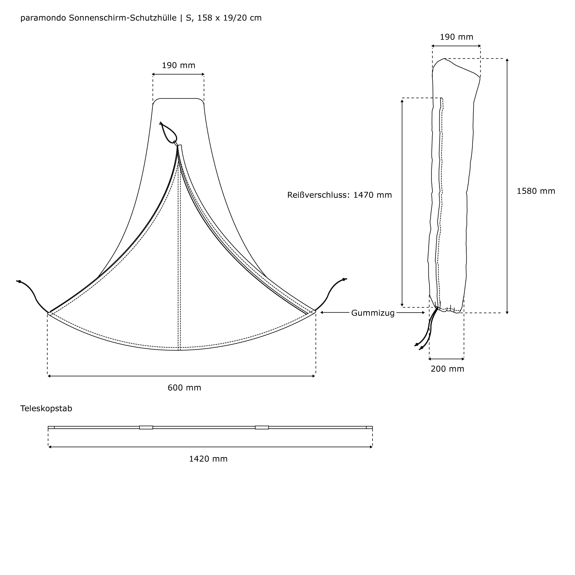 Diagramm einer Sonnenschirm-Schutzhülle mit Reißverschluss und Gummizug, Teleskopstab gezeigt