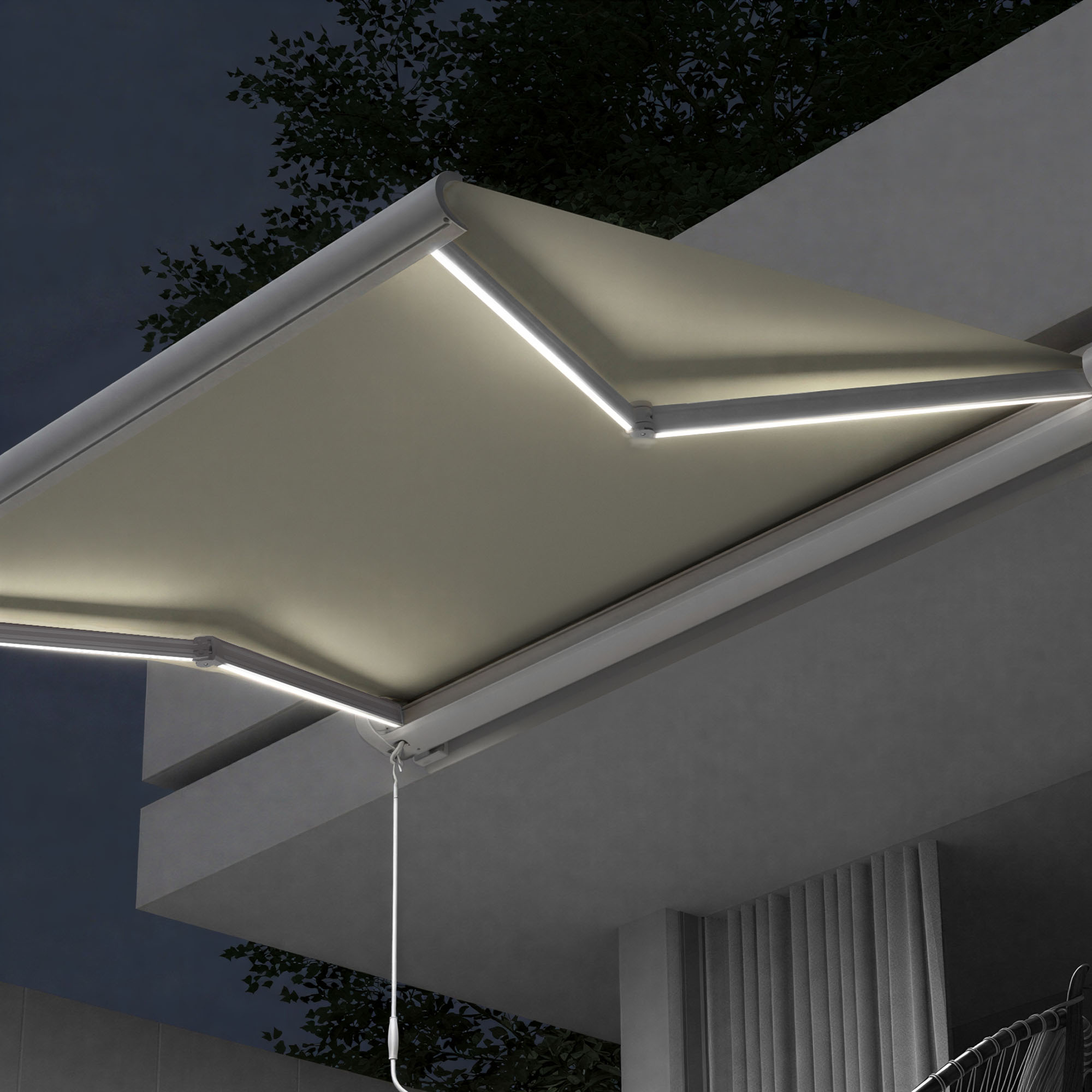 Kassettenmarkise Curve LED | 4 x 3 m, weiß, Stoff: creme, Uni