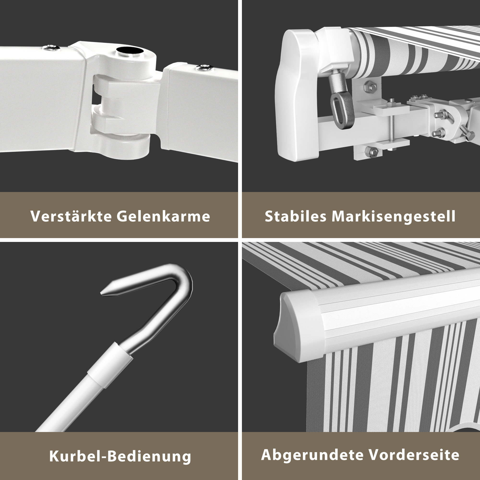 Markise mit verstärkten Gelenkarmen, stabilem Gestell, Kurbel-Bedienung und abgerundeter Vorderseite