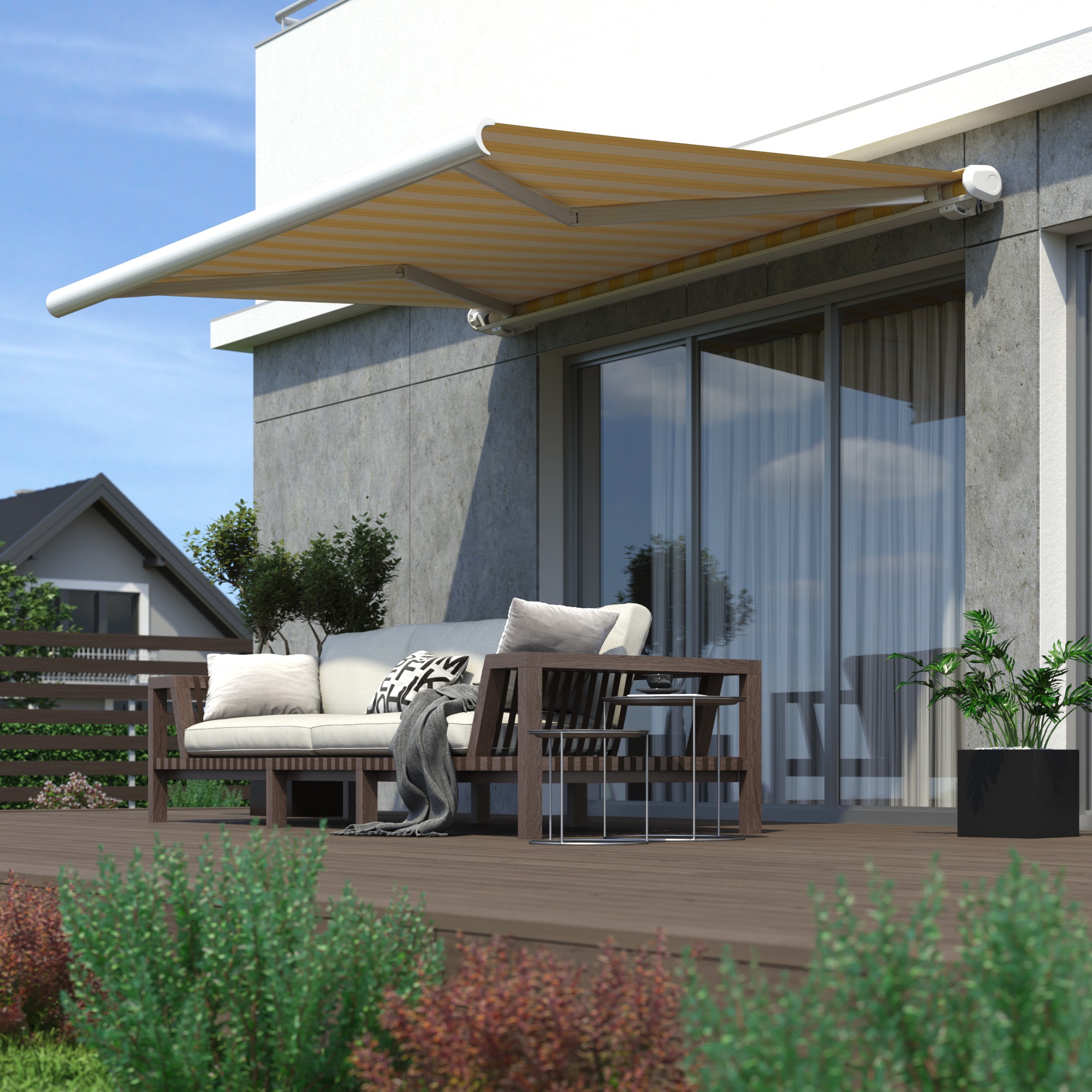 slider_image_01926c56b89d7fb19d2fd81bcd292e1f Terrasse mit Kassettenmarkise und Sitzbereich vor einem modernen Gebäude