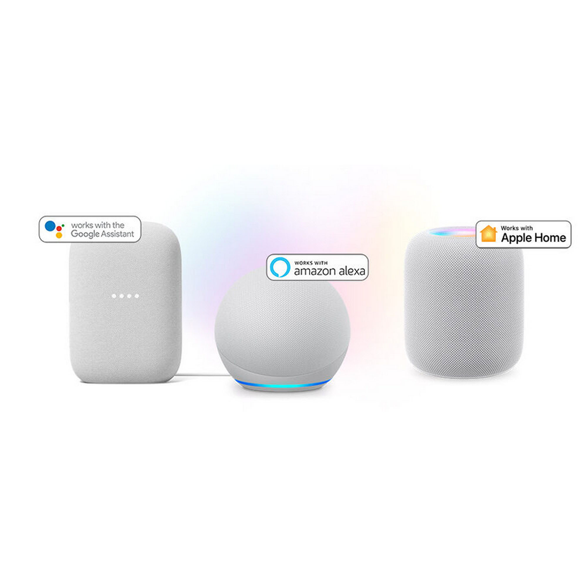 Drei Smart-Home-Geräte, kompatibel mit Google Assistant, Amazon Alexa und Apple Home