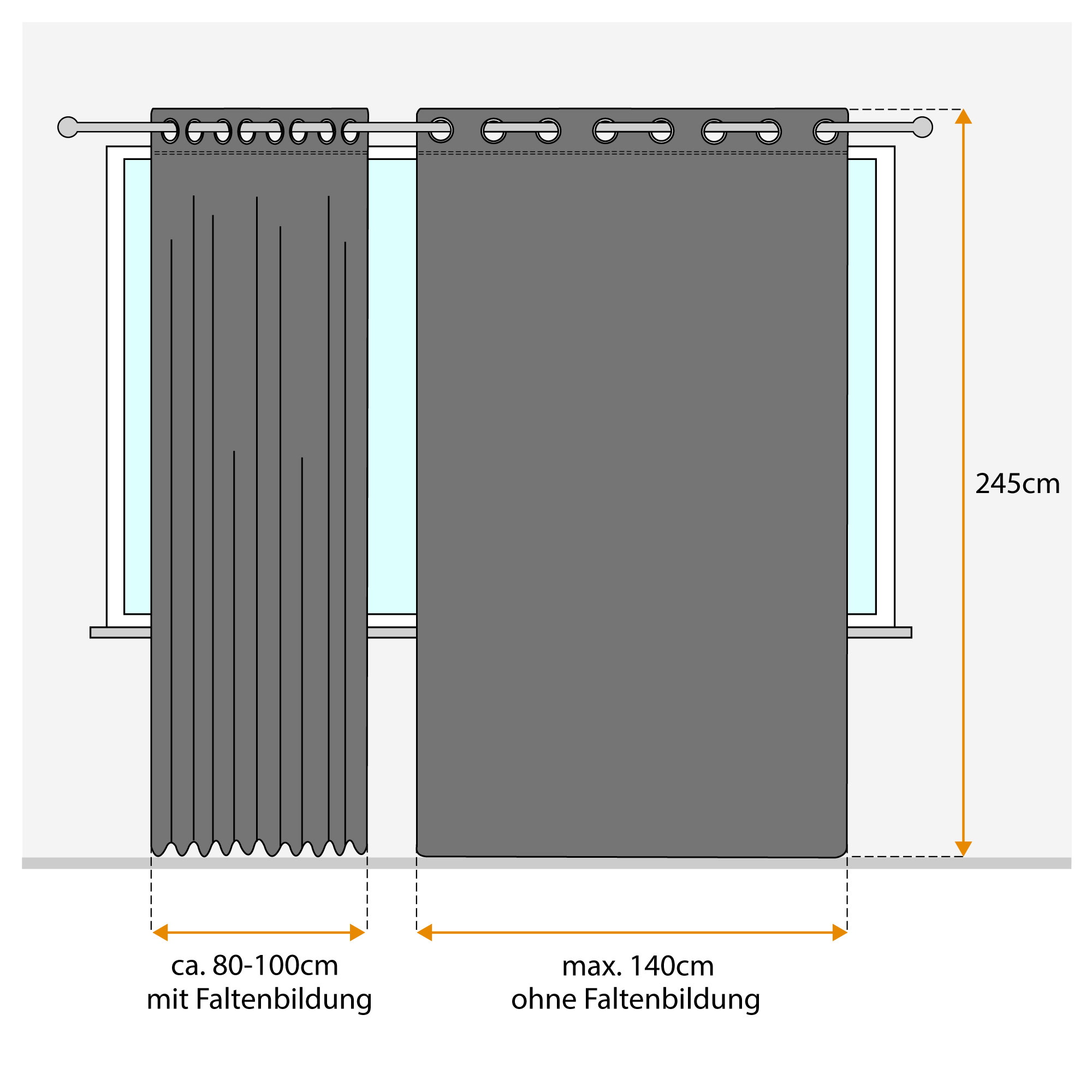 Ösenvorhang an Stange vor Fenster, links gefaltet, rechts glatt hängend