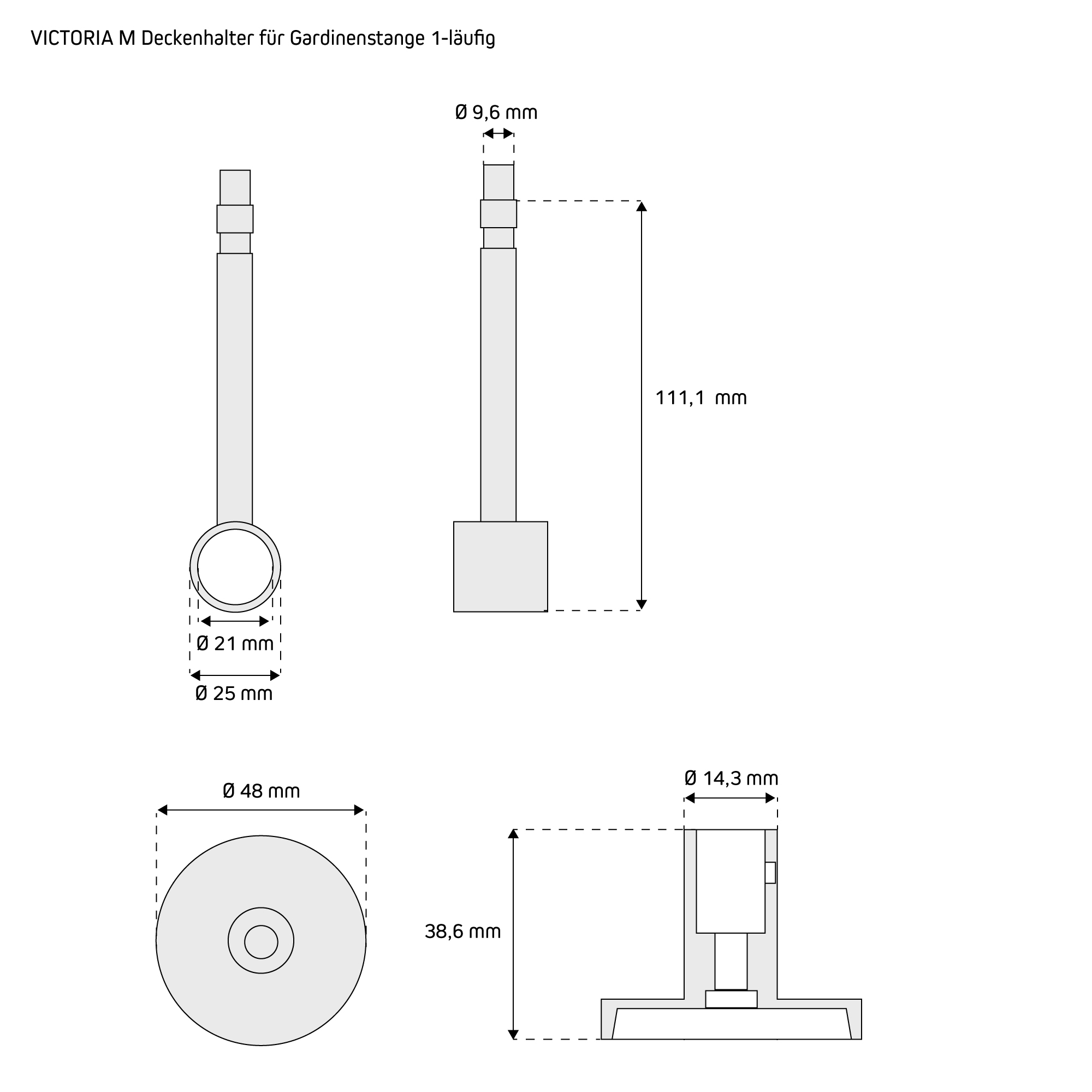 Deckenhalterung für Gardinenstange mit Vorhang, montiert an der Decke