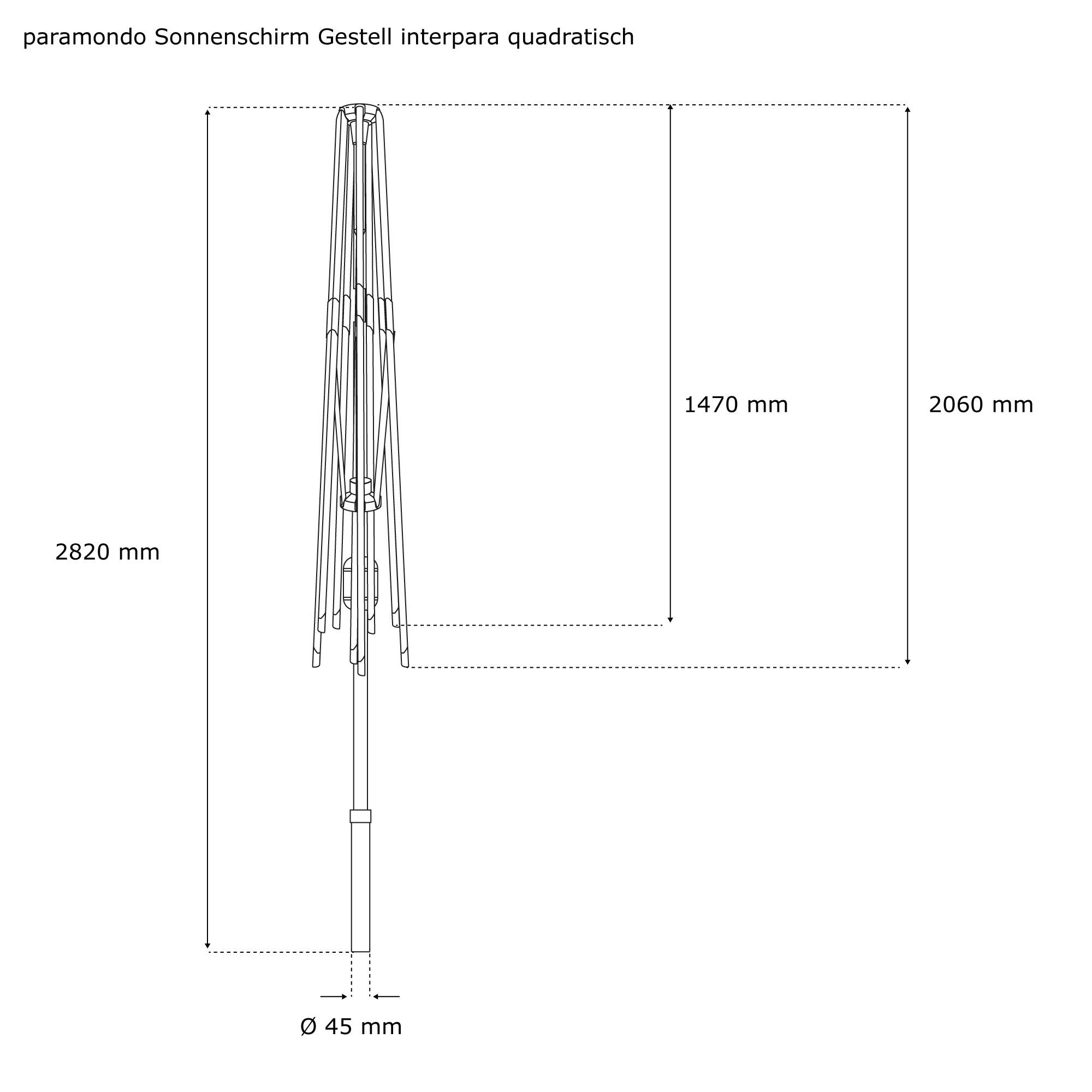 Skizze eines Sonnenschirmgestells für interpara Sonnenschirm mit Maßen und Aufbauansicht