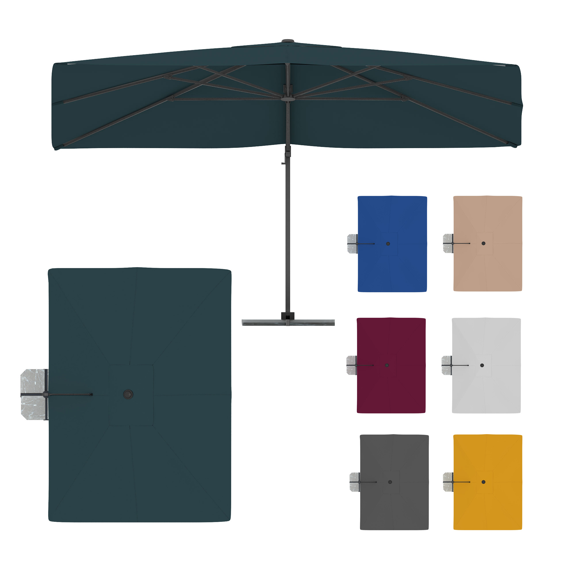 Ampelschirm mit rundem Schirmdach und seitlichem Standfuß in verschiedenen Farben