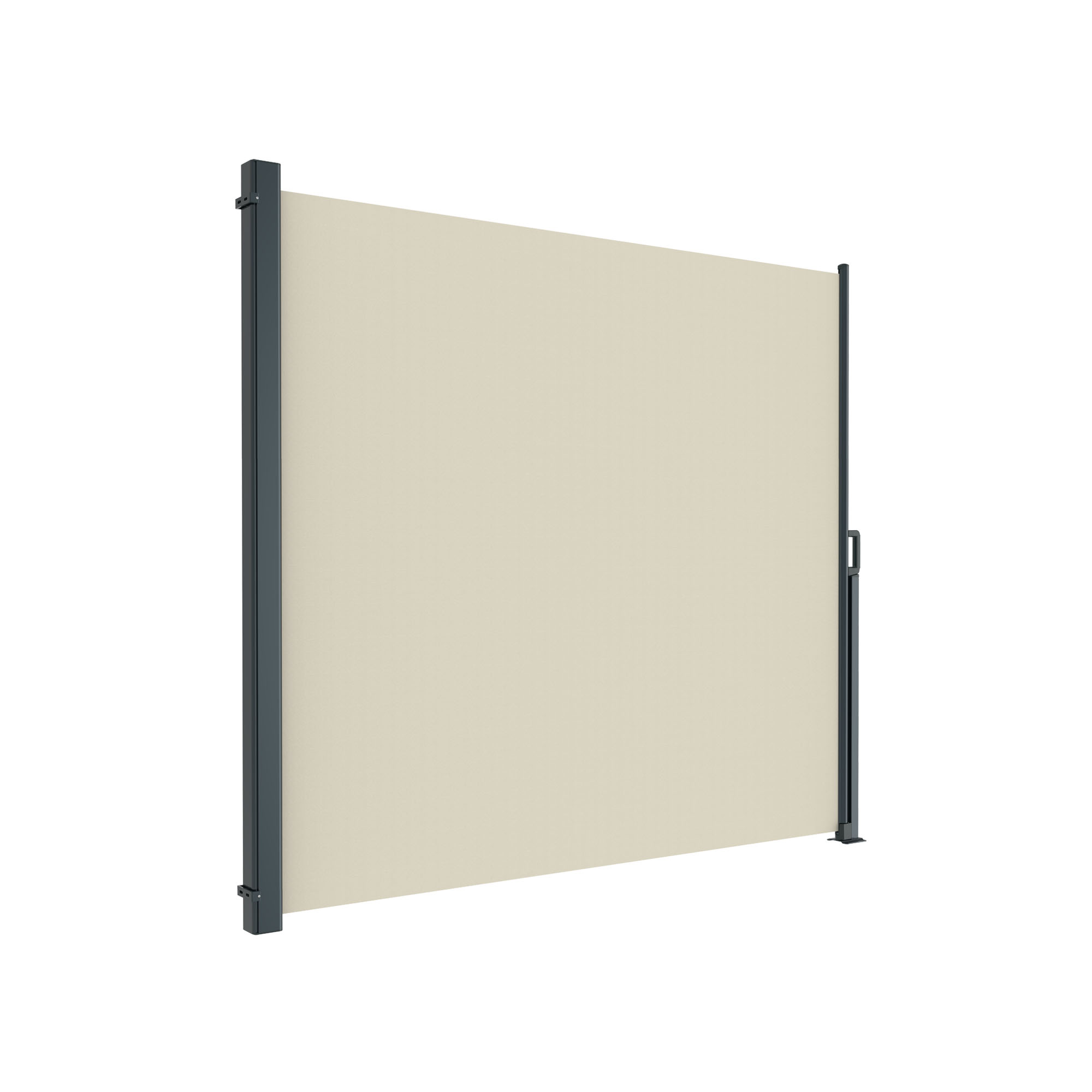 slider_image_5a884f5b025946d7b738df177b15e2f3 Seitenzugmarkise mit zwei vertikalen Halterungen und ausziehbarem Sichtschutzpanel