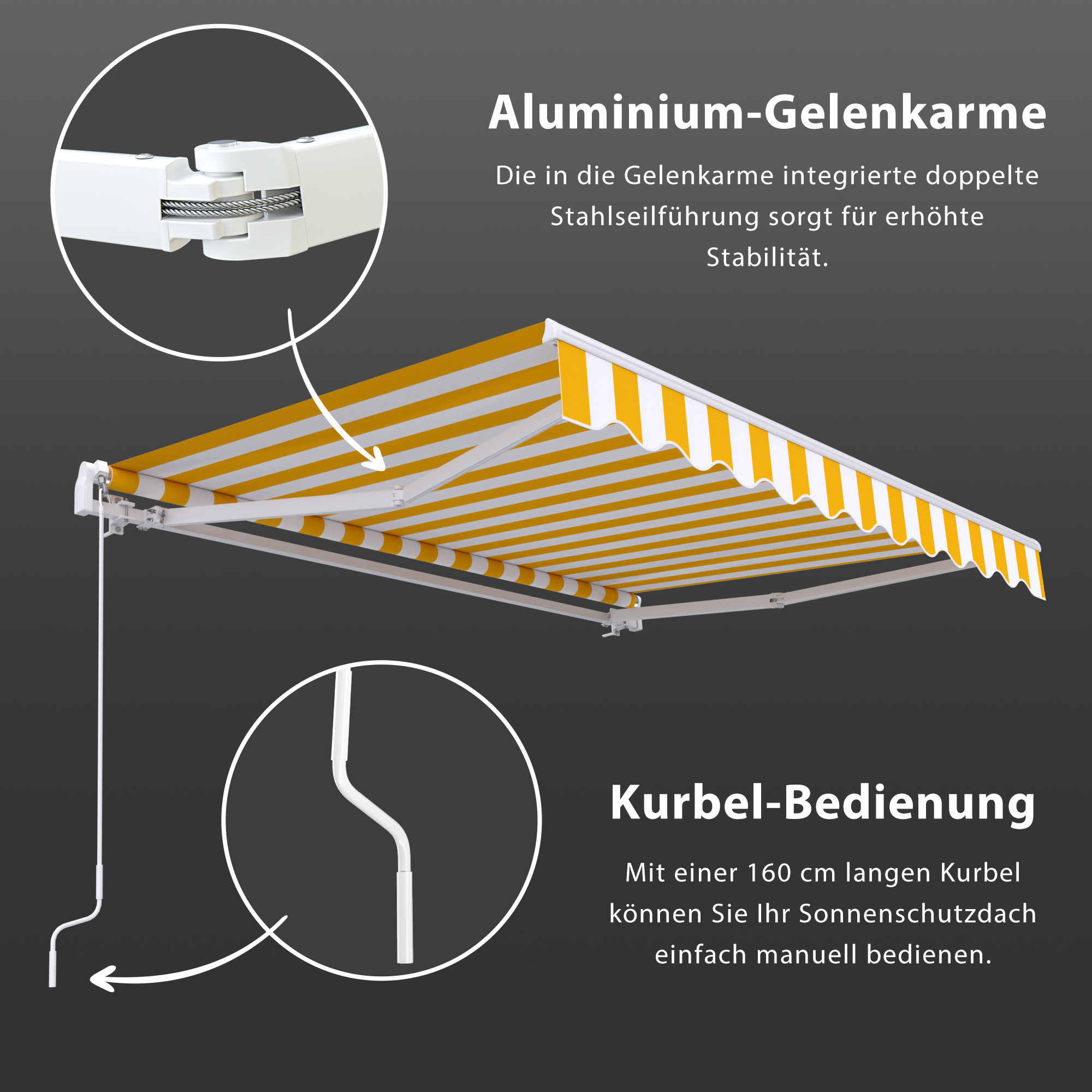 Markise mit Aluminium-Gelenkarmen und Kurbelbedienung für manuelle Anpassung
