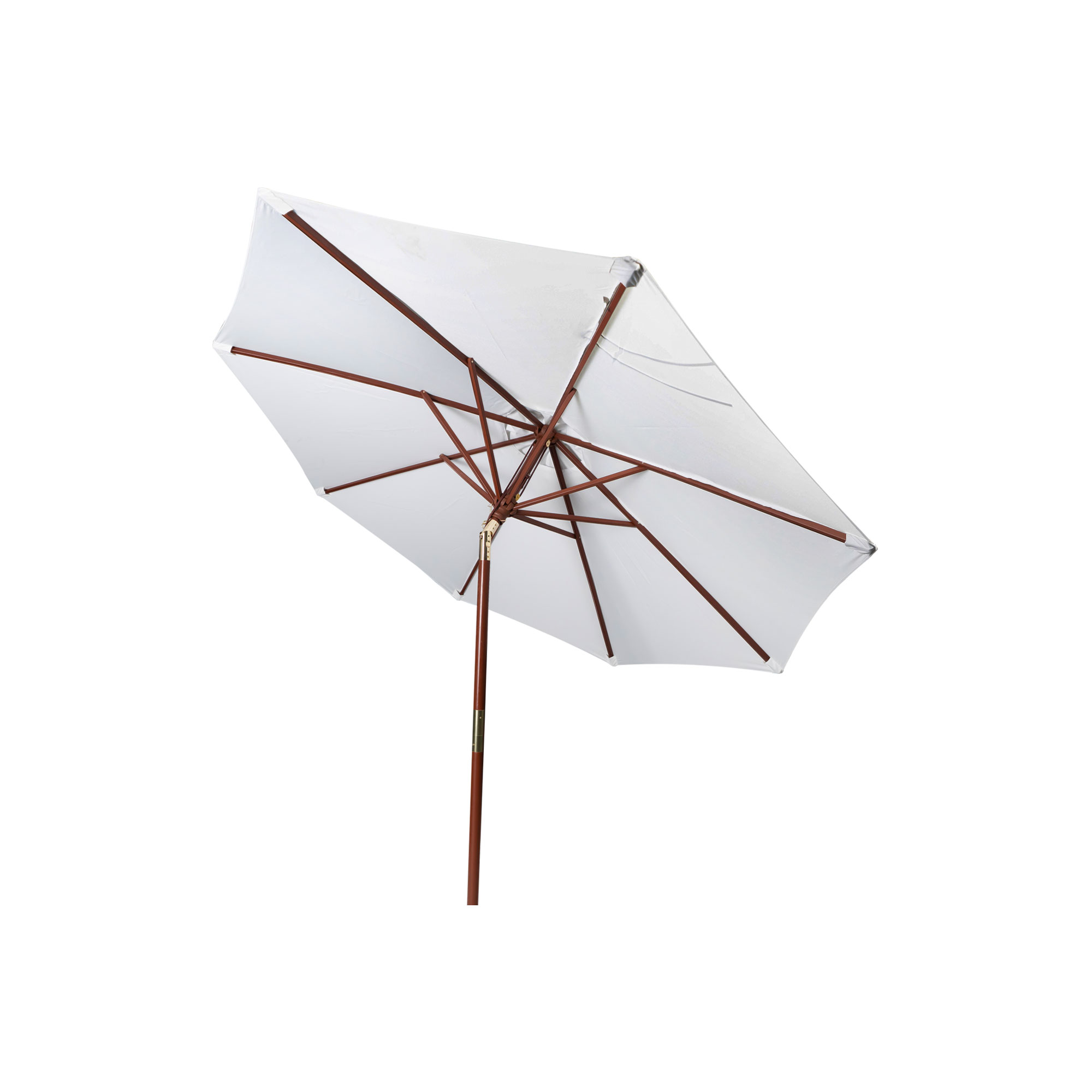 Knickbarer Holz-Sonnenschirm mit Streben und zentralem Mast für Schatten im Freien