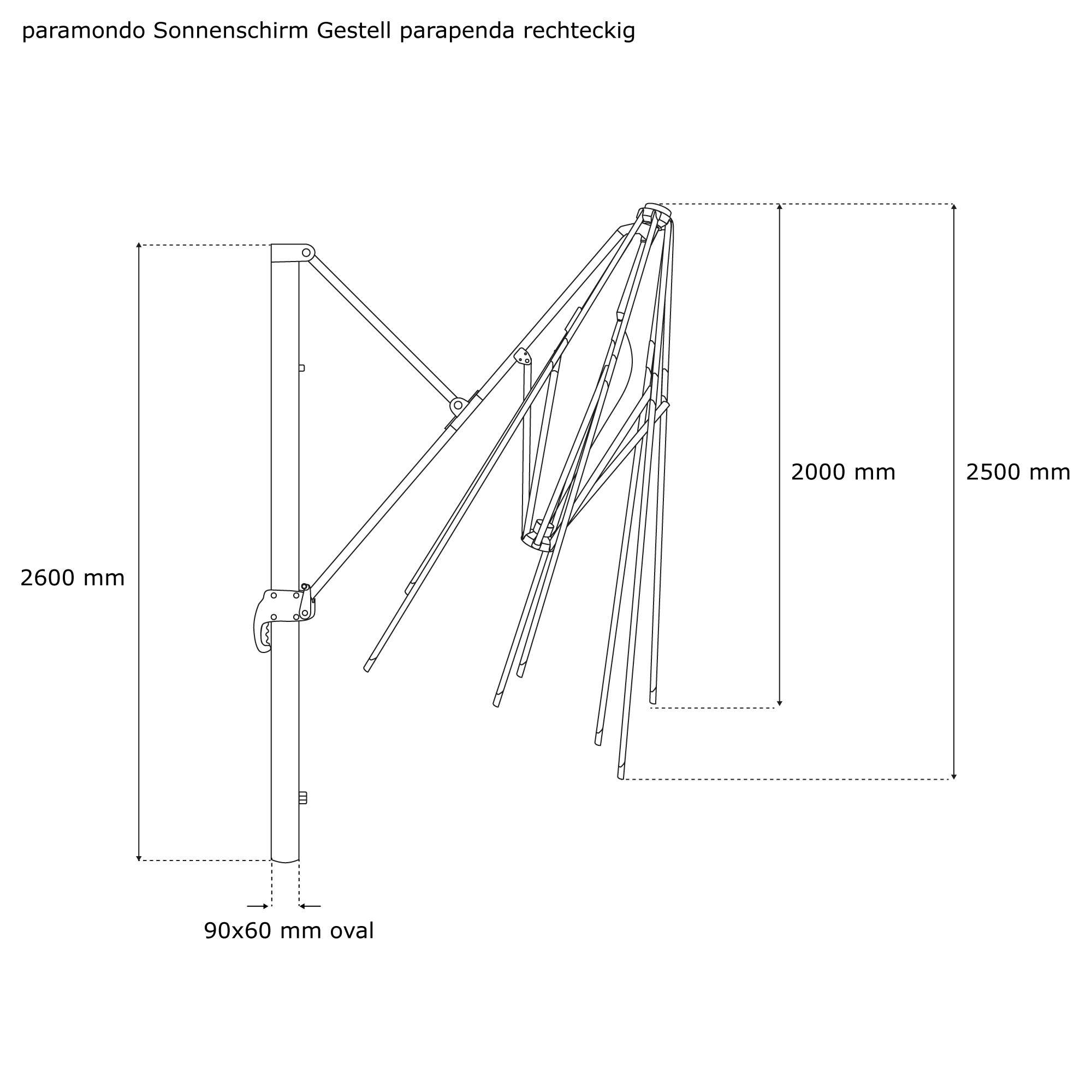 Zeichnung eines Gestells für einen Ampelschirm mit Maßen und Aufbauansicht