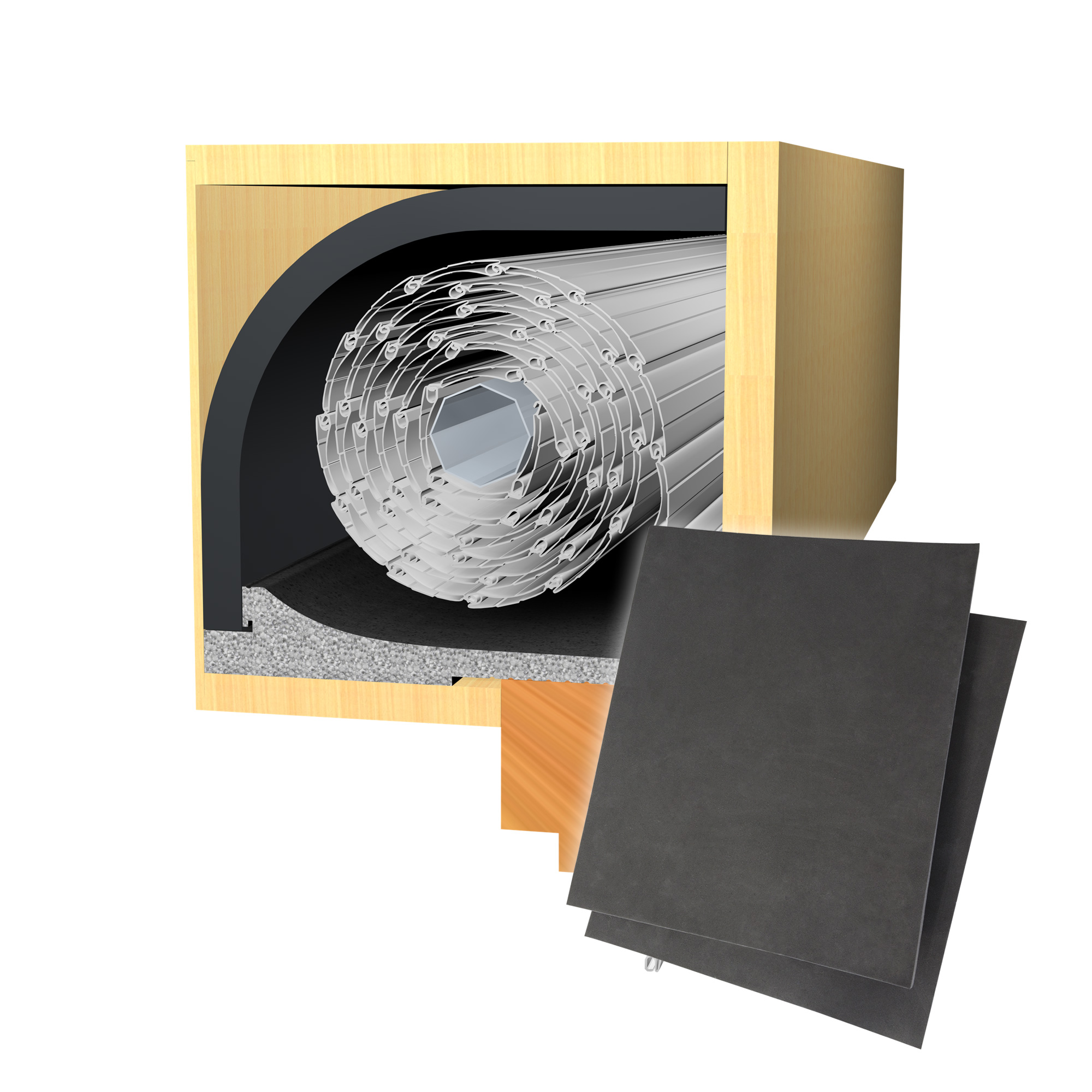 Querschnitt einer Rollladendämmung mit Isolierung und Rollladenkasten