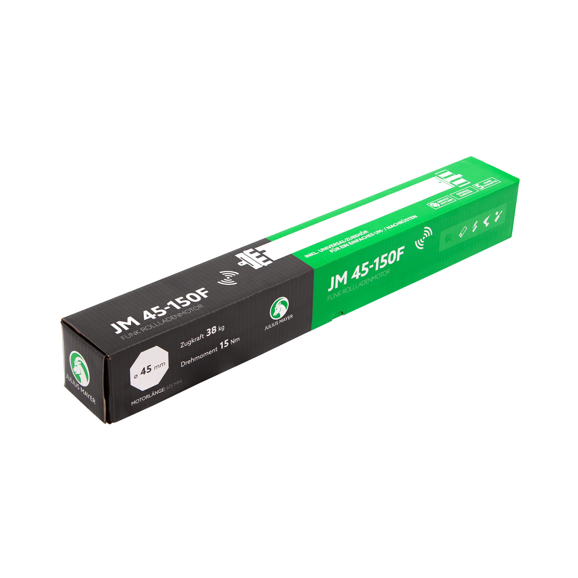 Verpackung eines Funk-Rollladenmotors JM 35-100F mit technischen Details und Logos