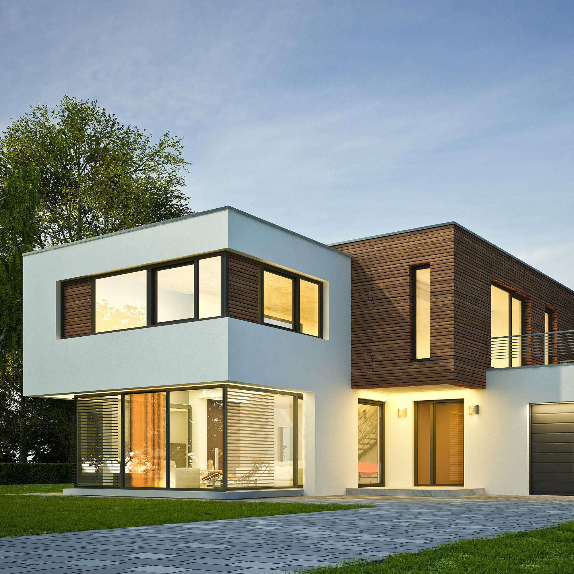 Modernes zweistöckiges Haus mit großen Fenstern und Garage