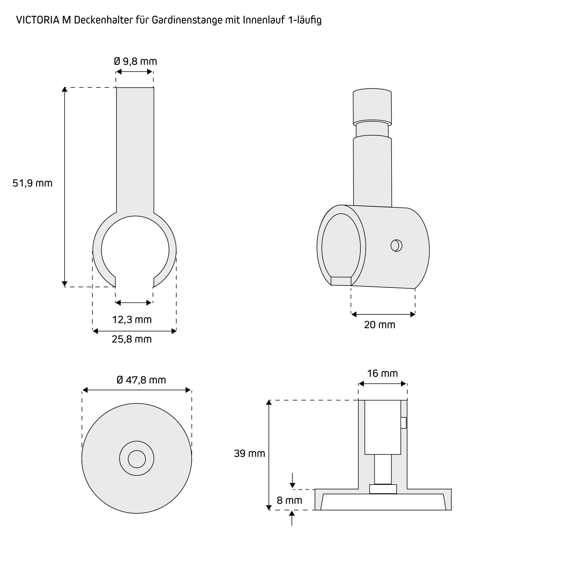 Deckenhalter für Gardinenstange mit Innenlauf, zylindrische Form, gebürstete Oberfläche