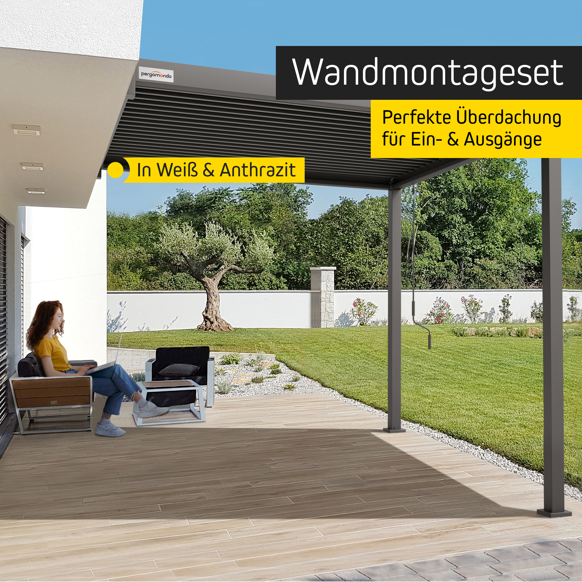 Wandmontageset für Pergola mit Lamellendach auf Terrasse montiert