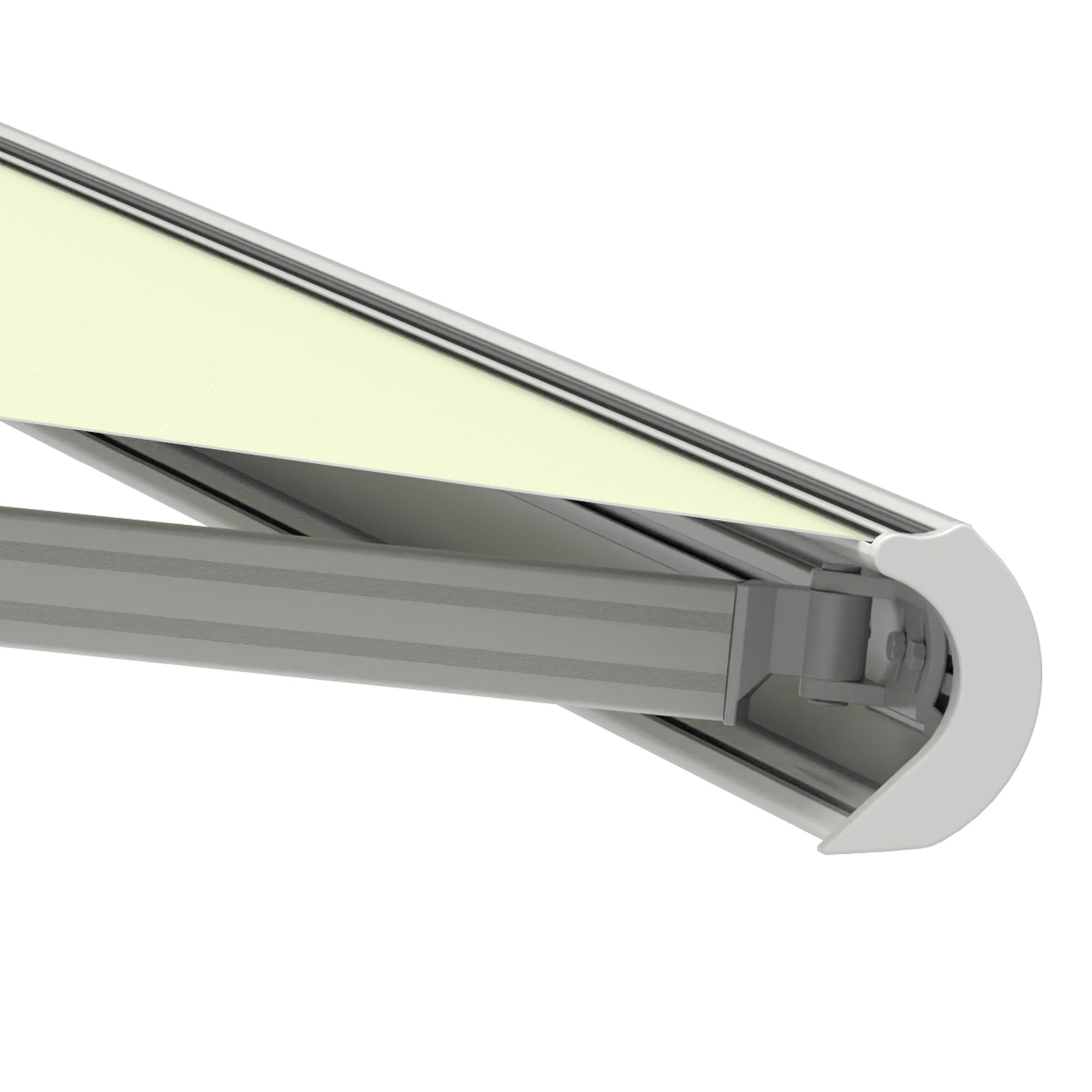 Kassettenmarkise Curve 2000 mit geschwungenem Design und stabiler Halterung