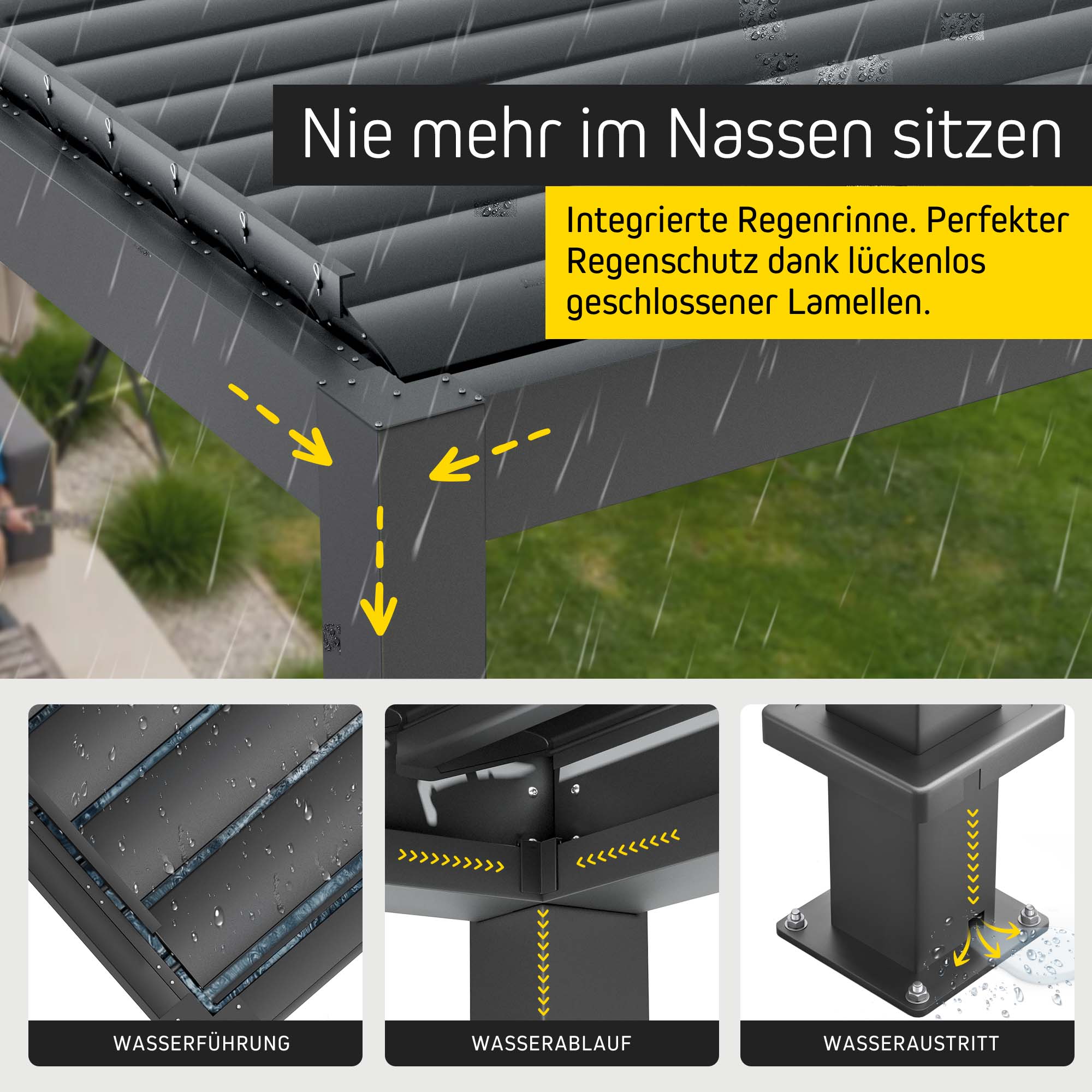 Pergola mit Lamellendach und integriertem Regenschutzsystem für optimalen Wetterschutz