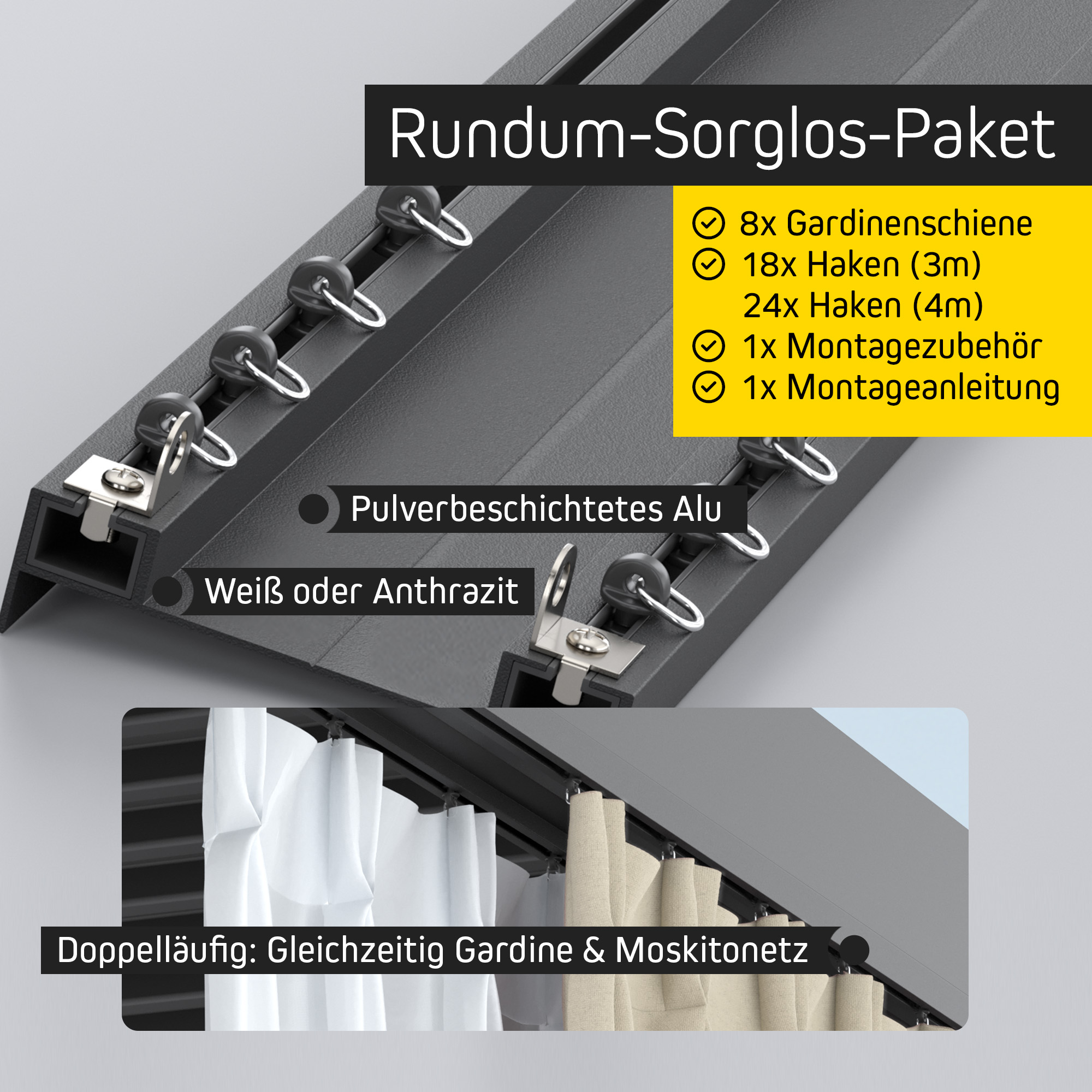 Gardinenschienenset für Pergola mit Lamellendach, inklusive Haken und Montagezubehör