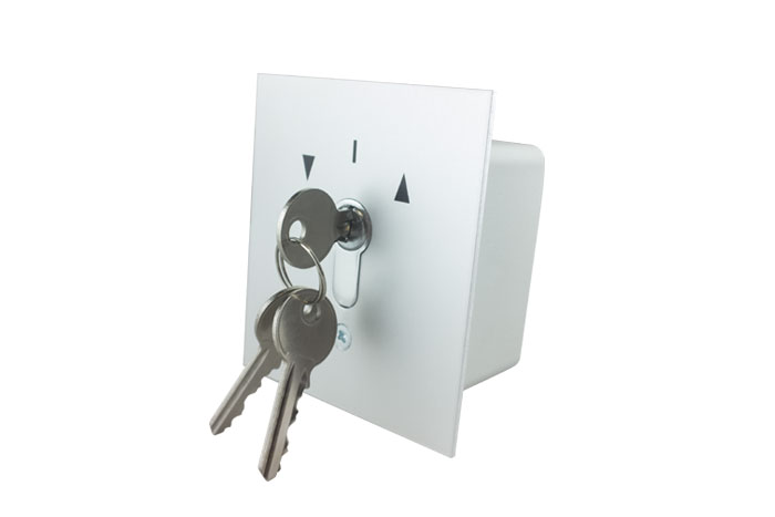 Schlüsselschalter mit zwei eingesteckten Schlüsseln, quadratisches Gehäuse, Pfeilsymbole