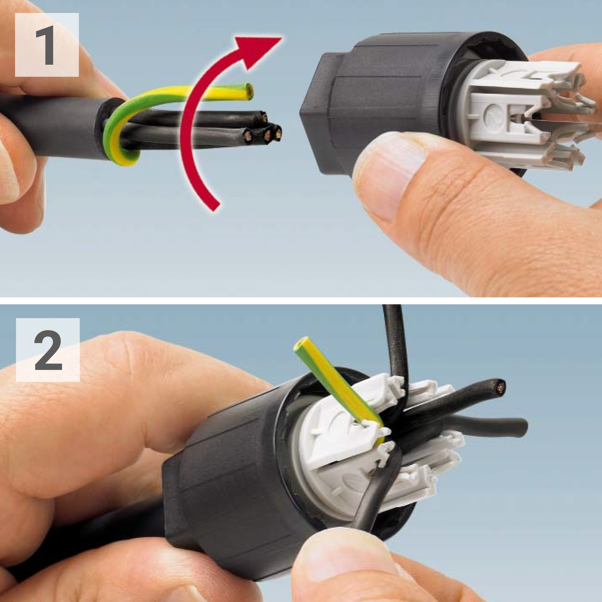 Steckverbinder QPD STAK 3 Montage mit Kabeln und Hirschmann Kupplung in zwei Schritten