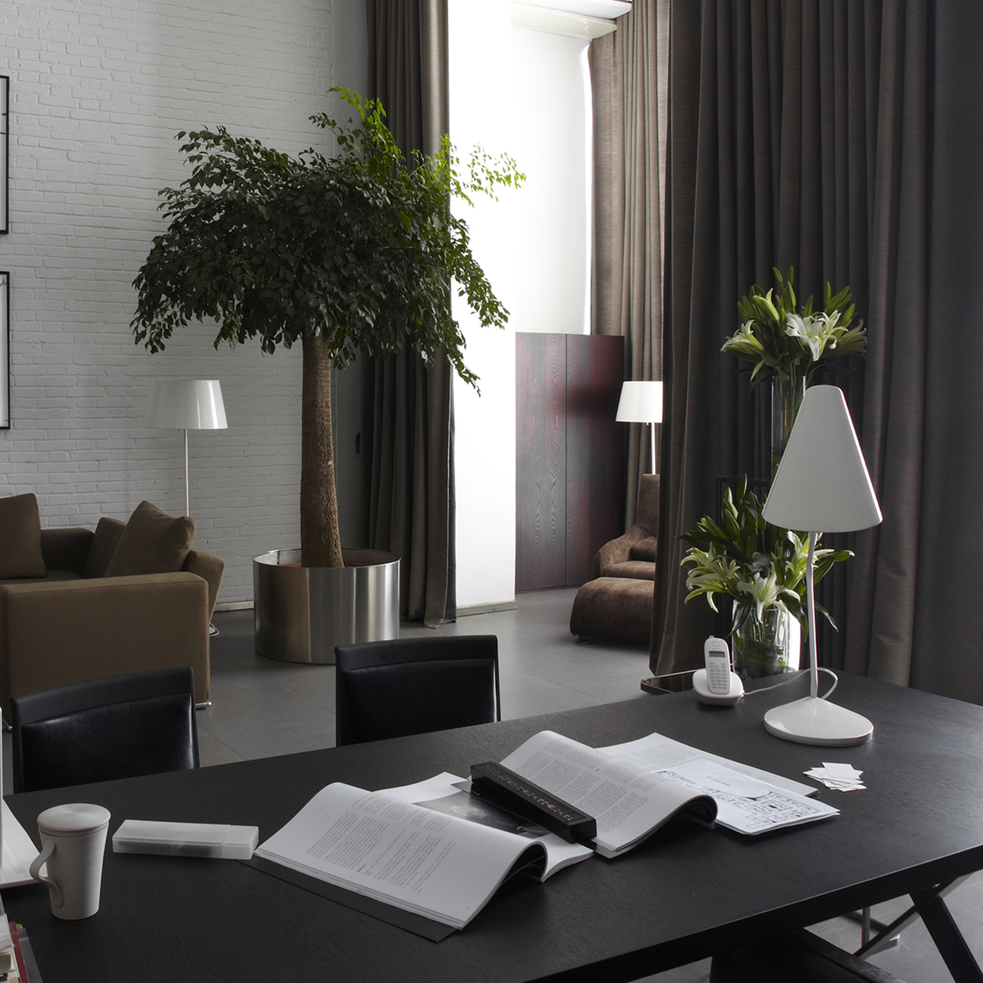 slider_image_dce0d8f0d9a44a6e89364a71b6857661 Moderner Wohnraum mit Ösenvorhang, Tisch, Stühlen, Pflanzen und Wanddekorationen