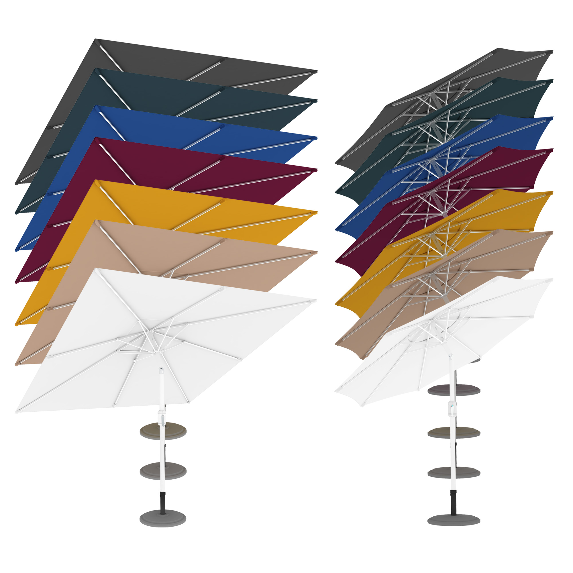 Mehrere Sonnenschirme in verschiedenen Positionen und Neigungen, mit stabilen Ständern