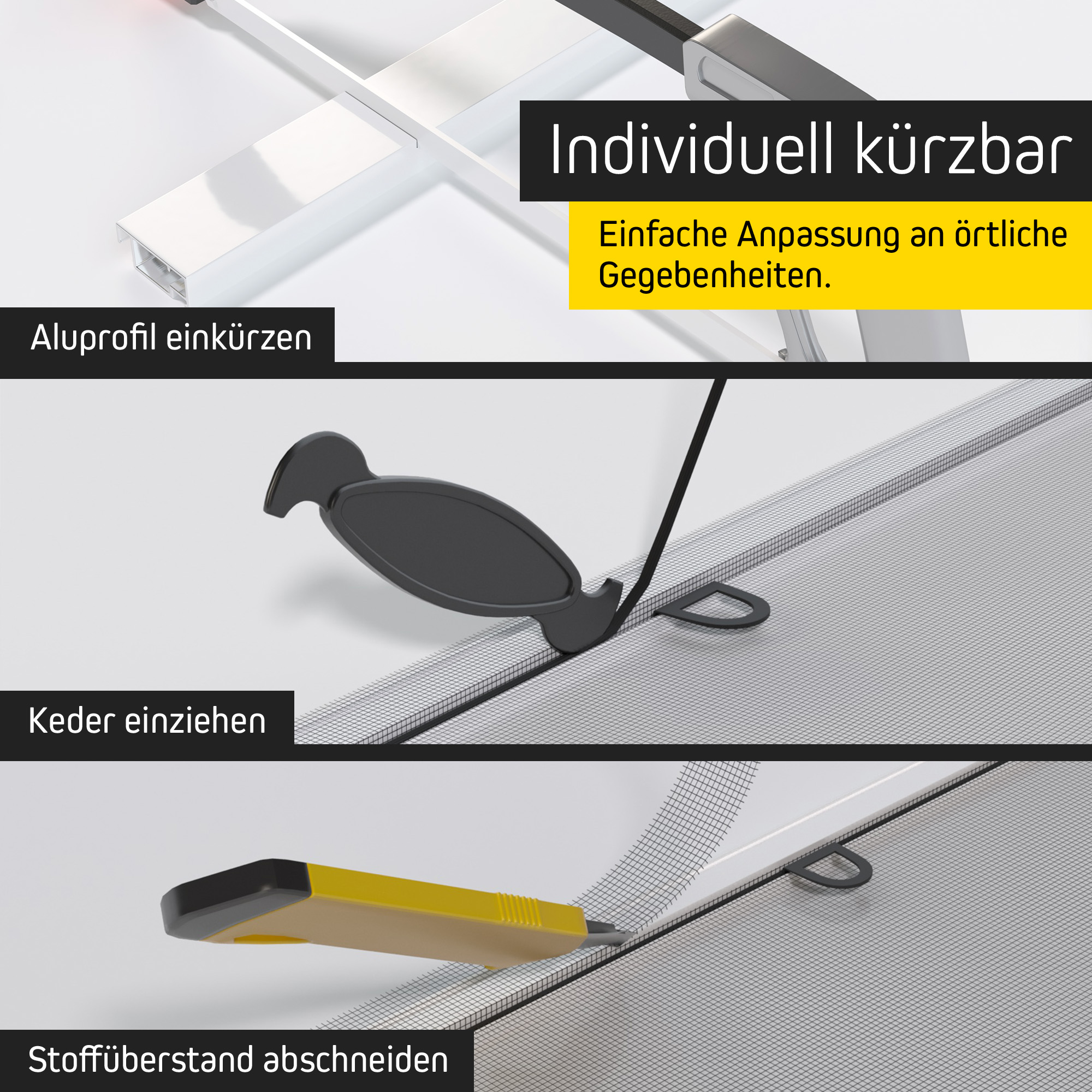 Insektenschutz-Spannrahmen für Fenster, zeigt Anpassung und Montageanleitung