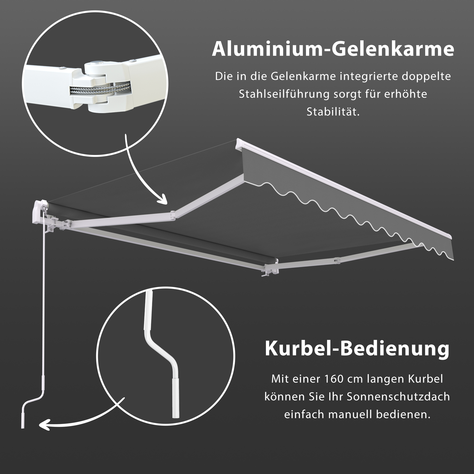 Markise mit Aluminium-Gelenkarmen und Kurbelbedienung für manuelle Anpassung