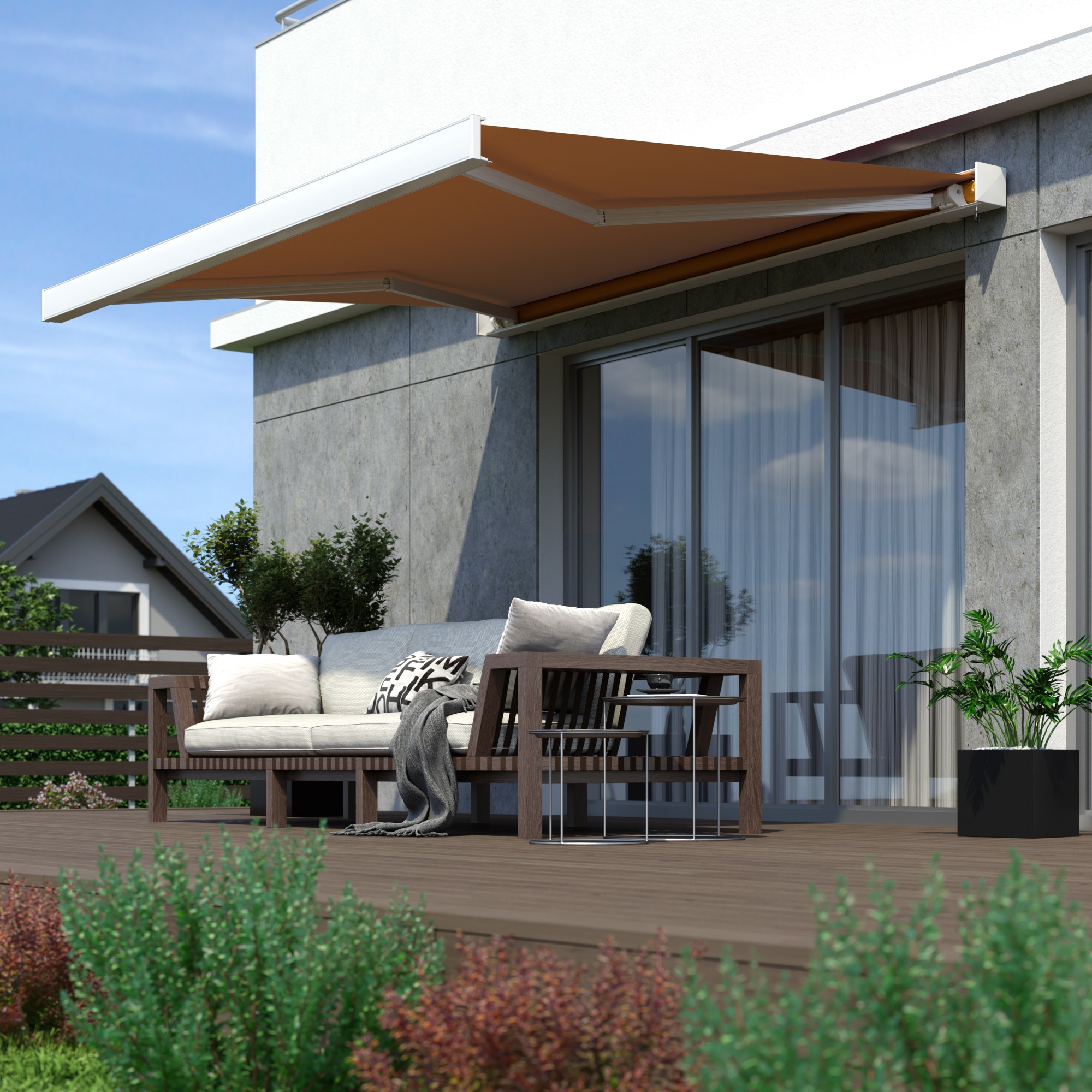 Kassettenmarkise Line über Terrasse mit Sitzbereich und Pflanzen