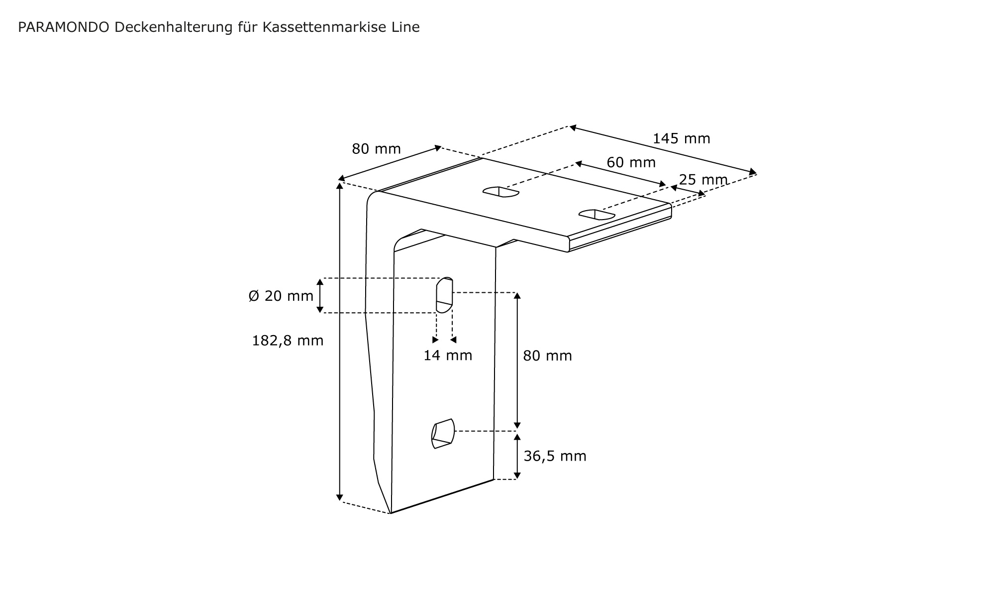 Deckenhalterung für Kassettenmarkise Line, technische Zeichnung mit Maßen und Bohrlöchern