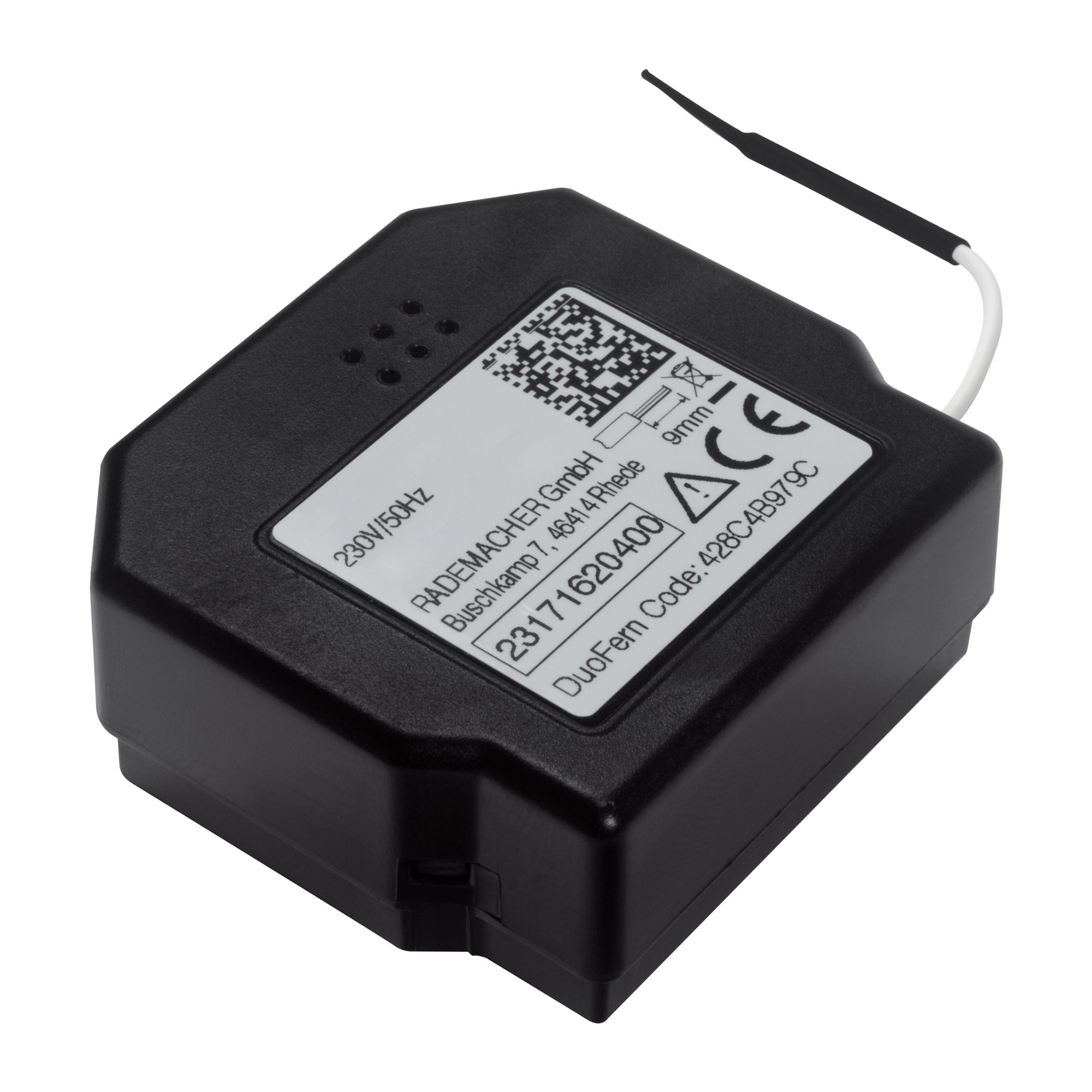 slider_image_0192333a74937ae780e091b7d5b864c2 Rechteckiger Schaltaktor mit Kabel und Etikett mit technischen Informationen