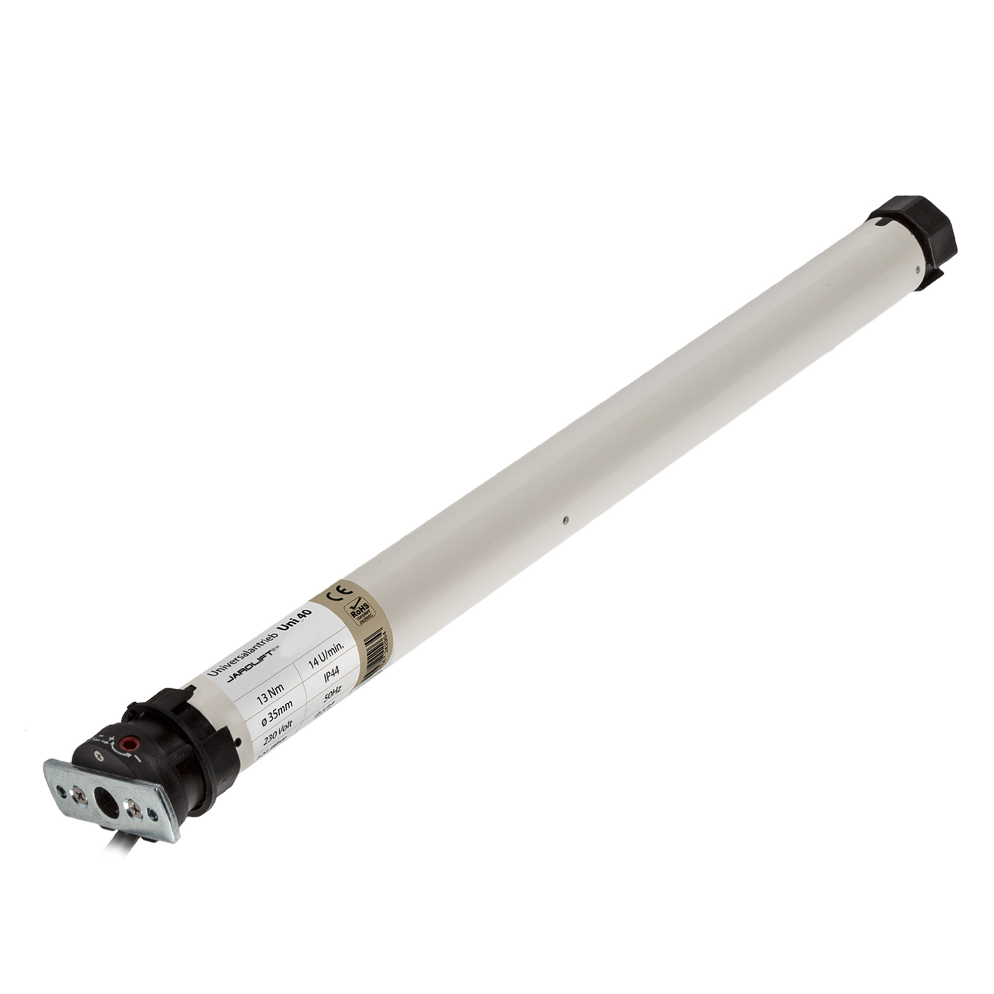 Rollladenmotor Universal in zylindrischer Form mit Anschlusskabel und Befestigungselementen