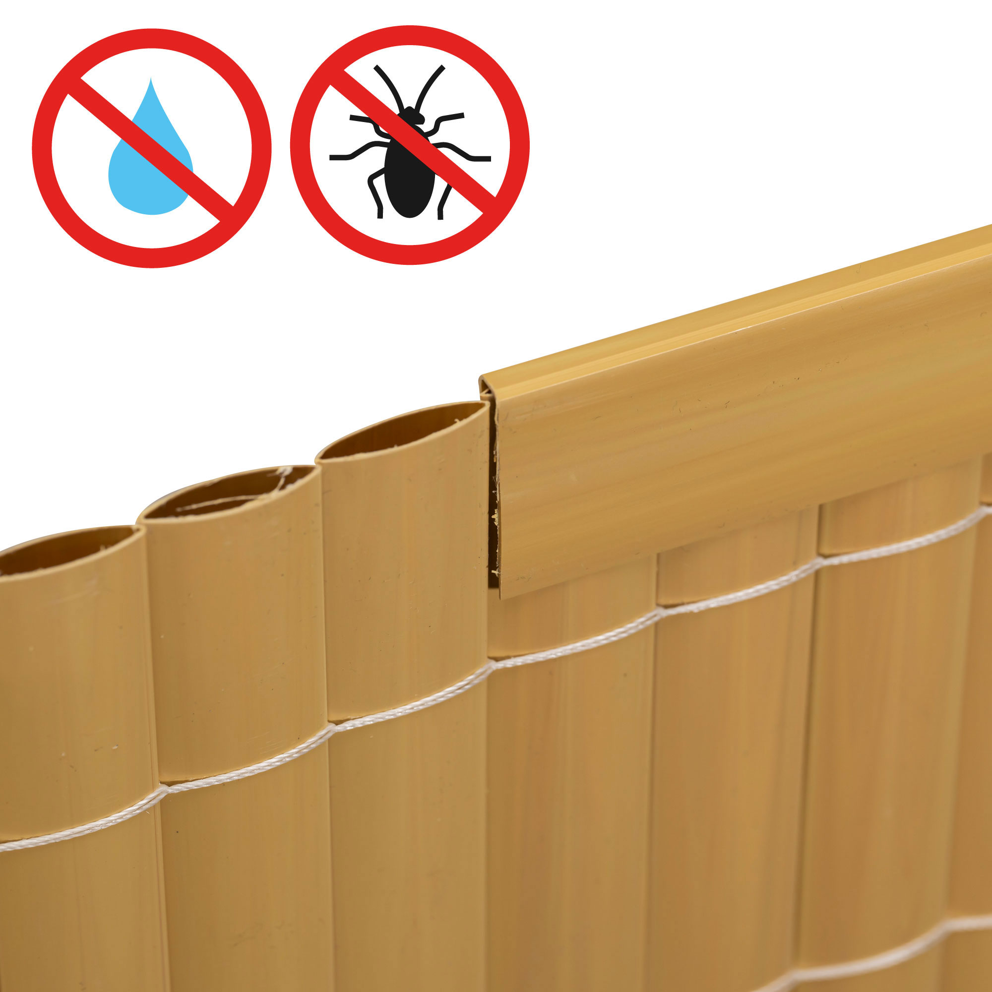 PVC Abdeckprofil für Sichtschutzmatten, wasser- und insektenabweisend, zeigt Montageansicht