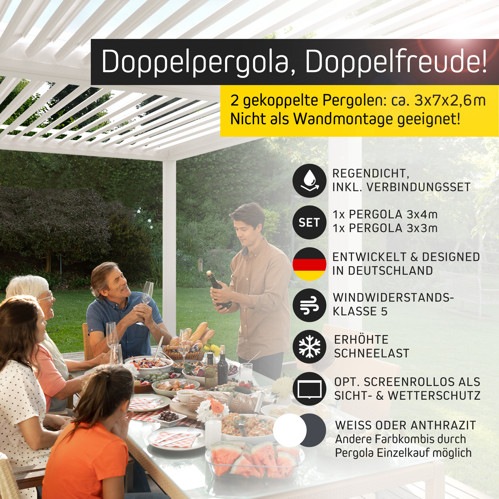 Pergola mit Lamellendach über Esstisch im Freien, Personen sitzen und essen darunter