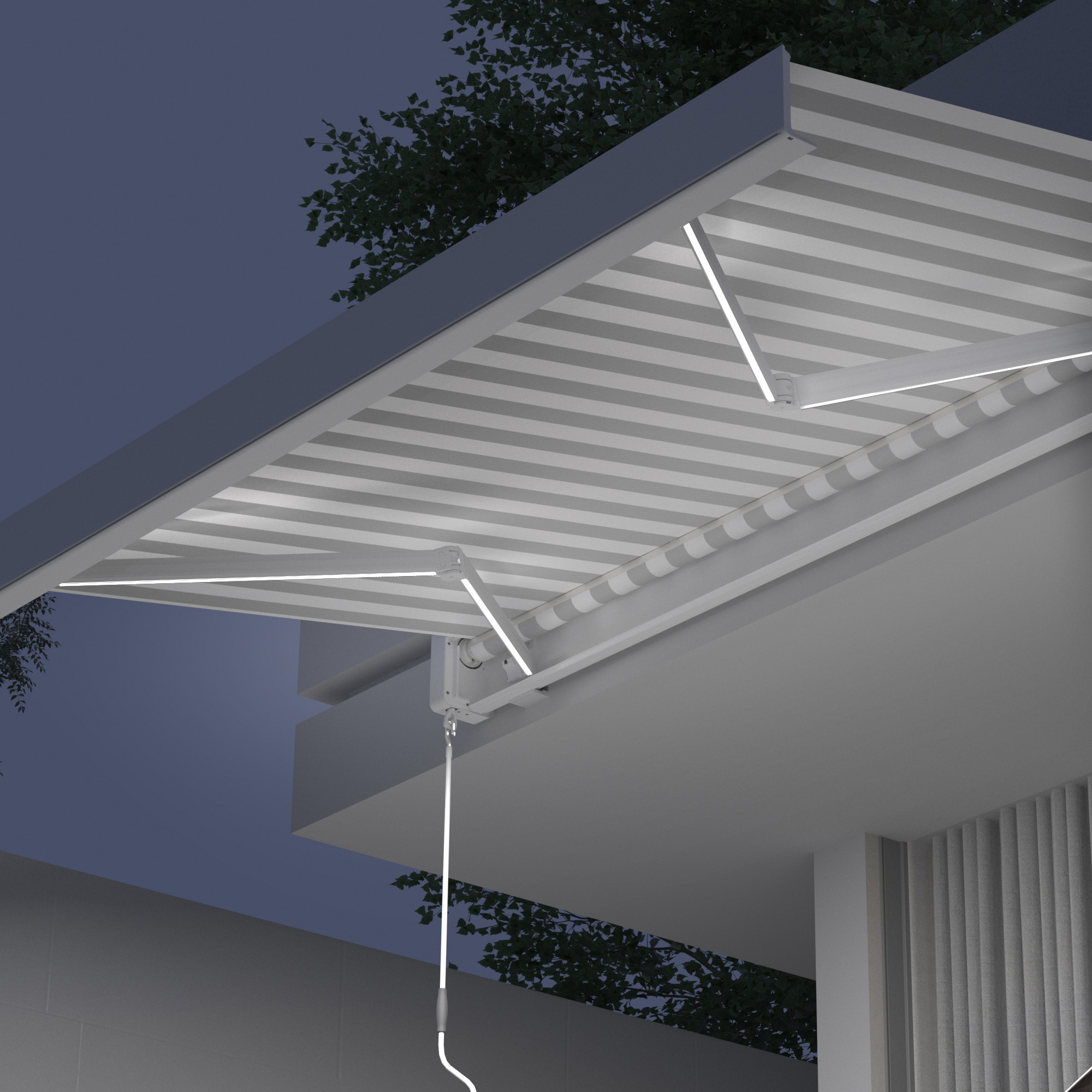 Kassettenmarkise mit LED-Beleuchtung, montiert an einer Gebäudewand, ausgefahrene Position