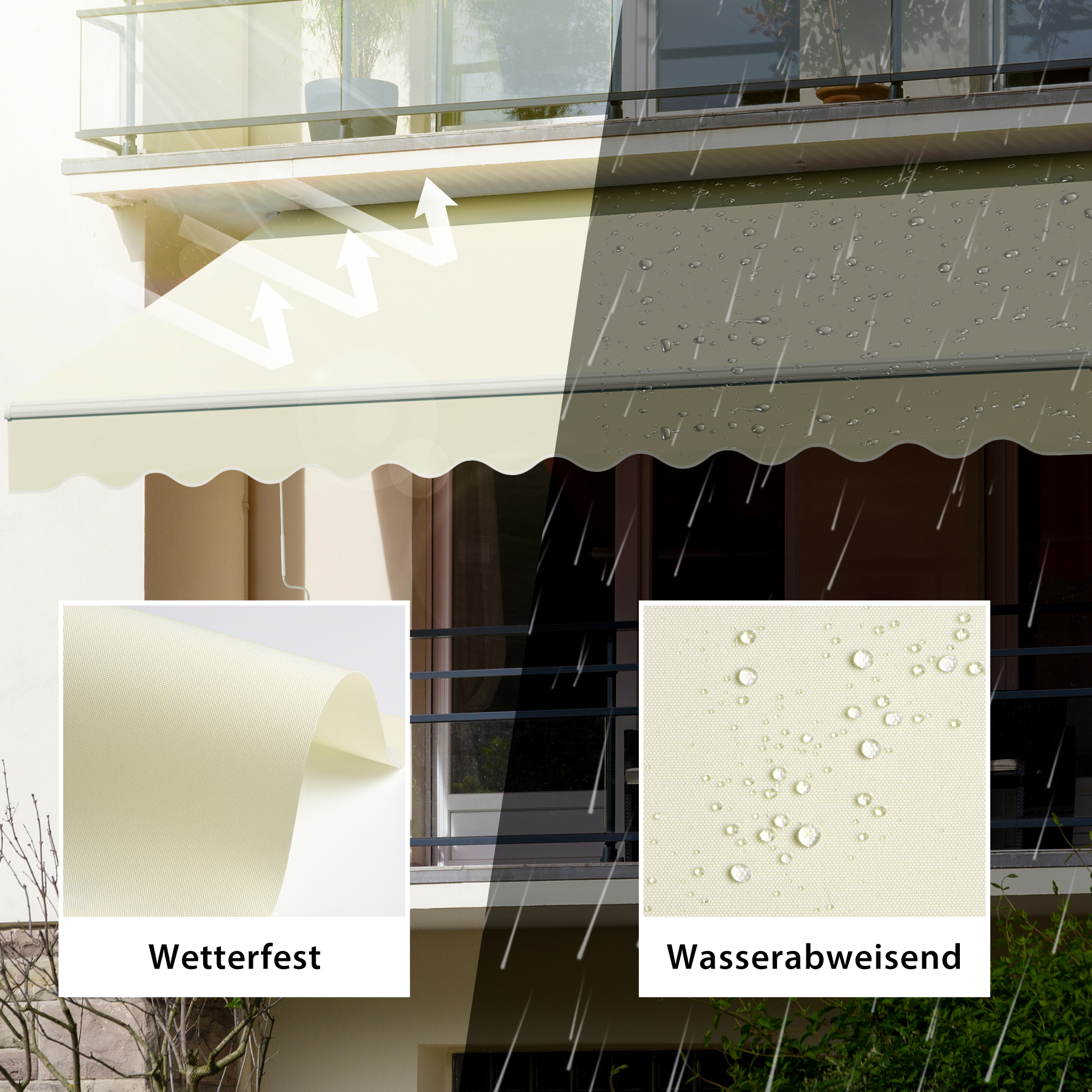 Gelenkarmmarkise Basic 2000 an einem Balkon, wetterfest und wasserabweisend