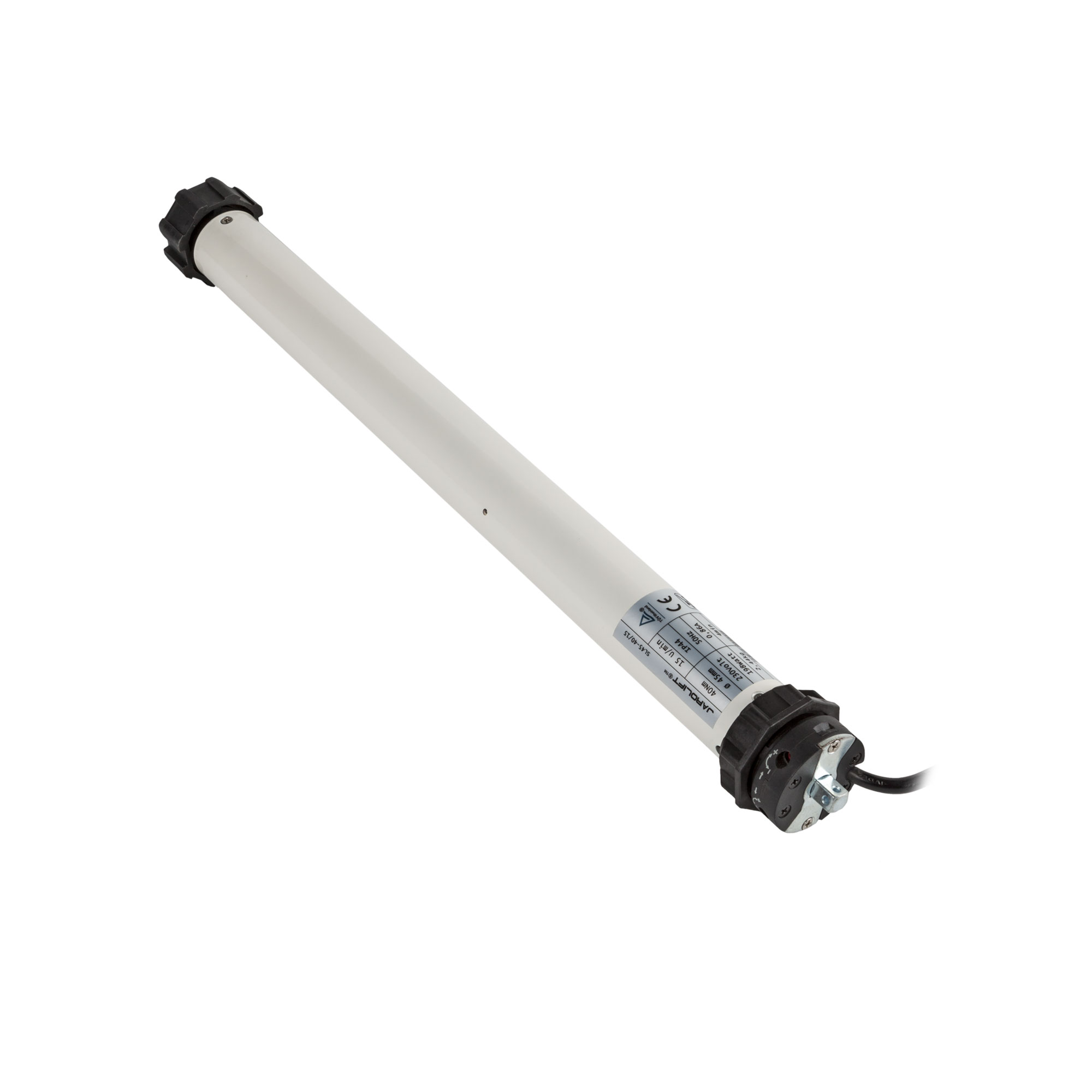 Markisenmotor SL in zylindrischer Form mit Kabelanschluss und technischen Details auf Etikett