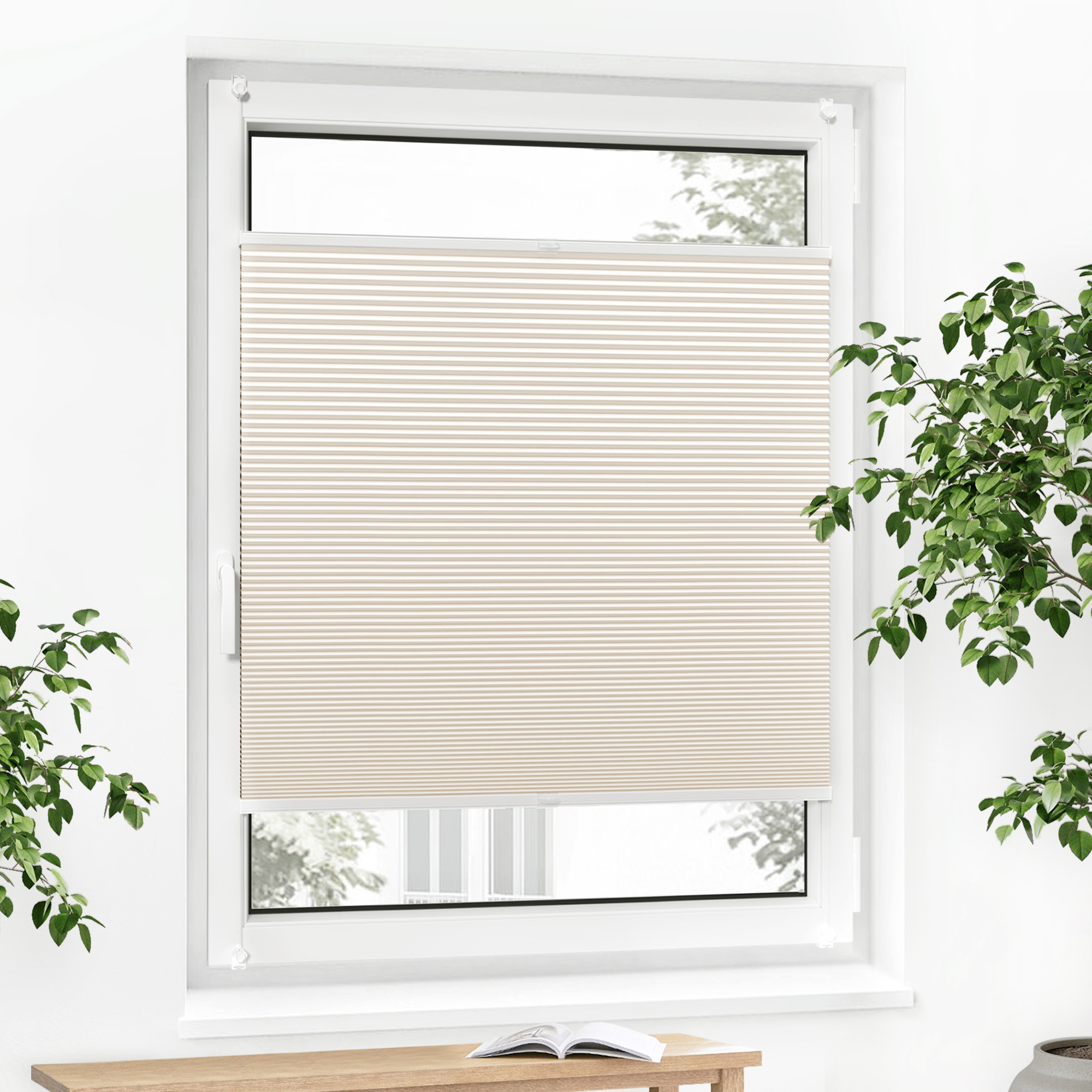 Fenster mit geschlossenem Wabenplissee, umgeben von Pflanzen und einem Tisch mit Buch