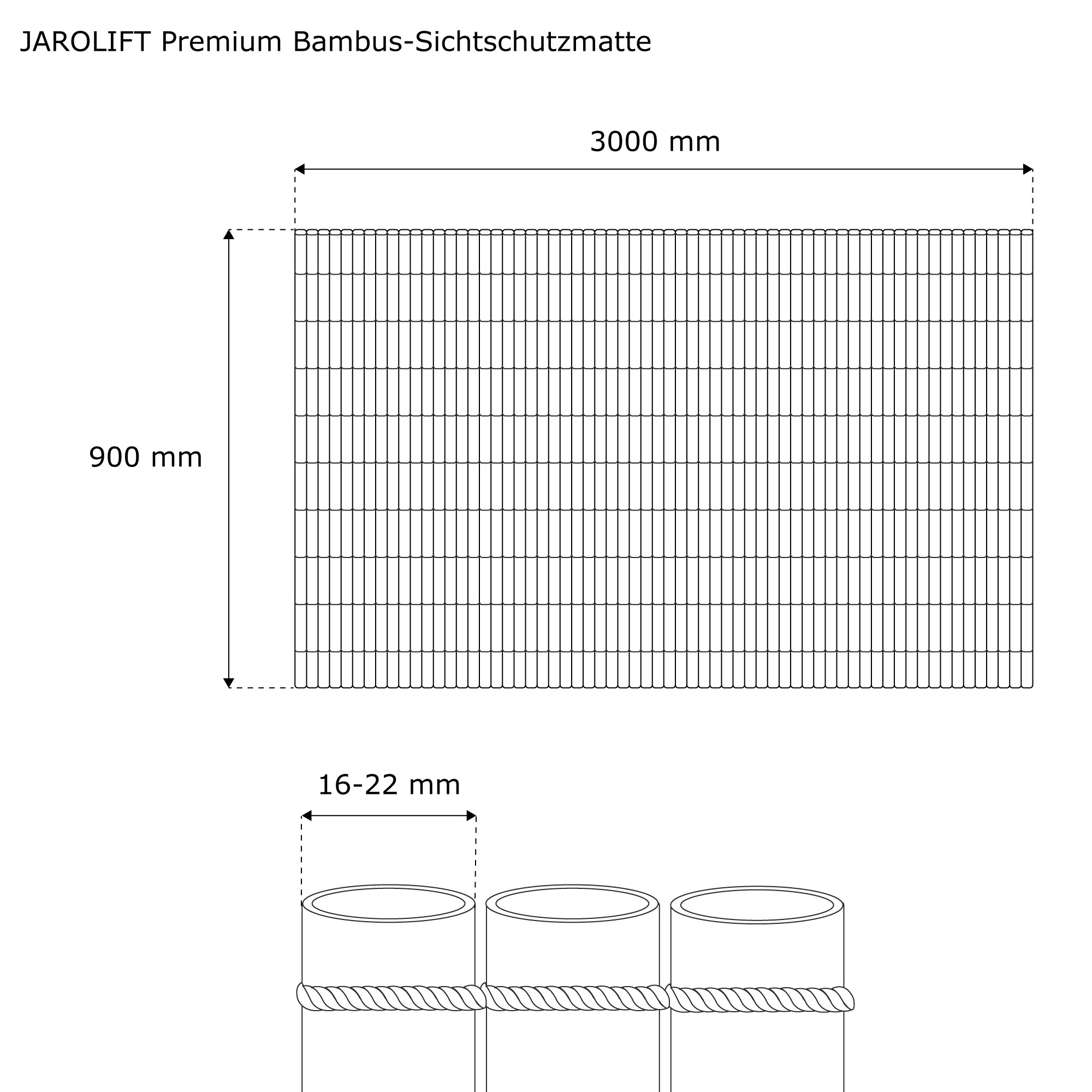 Bambus-Sichtschutzmatte mit vertikalen Stäben und horizontalen Verbindungen für Privatsphäre