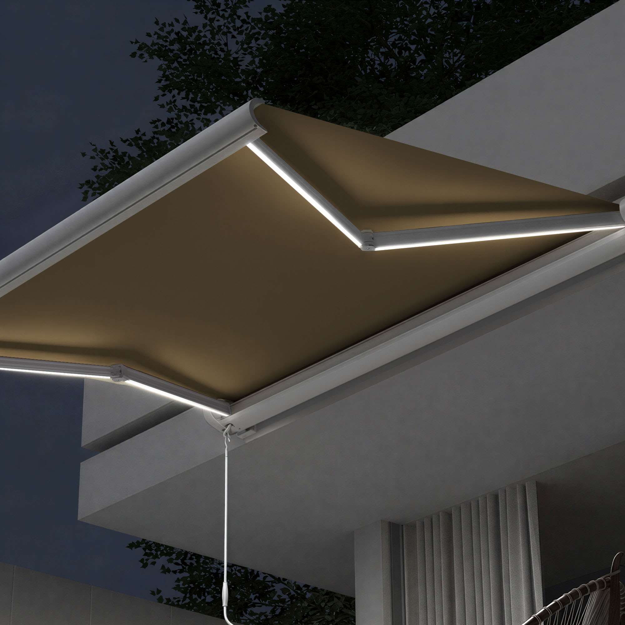 Kassettenmarkise Curve LED | 3,5 x 3 m, weiß, Stoff: toffee, Uni